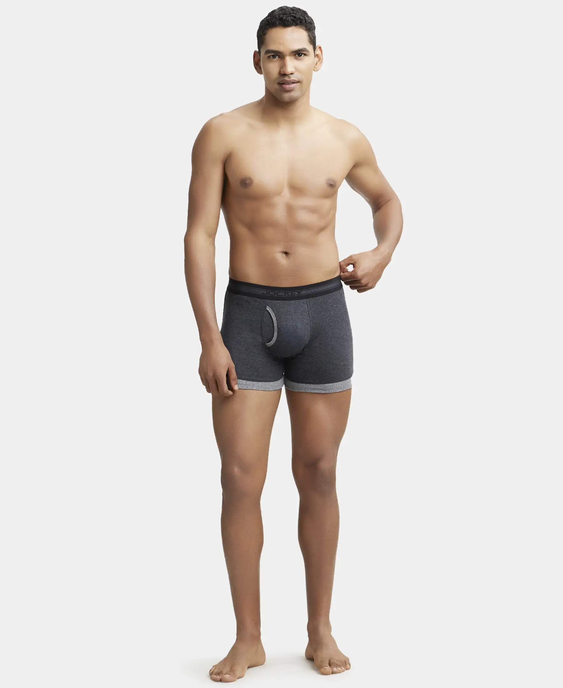 Super Combed Cotton Rib Solid Boxer Brief with StayFresh Treatment - Black Melange & Mid Grey (Pack of 2) - Image 4