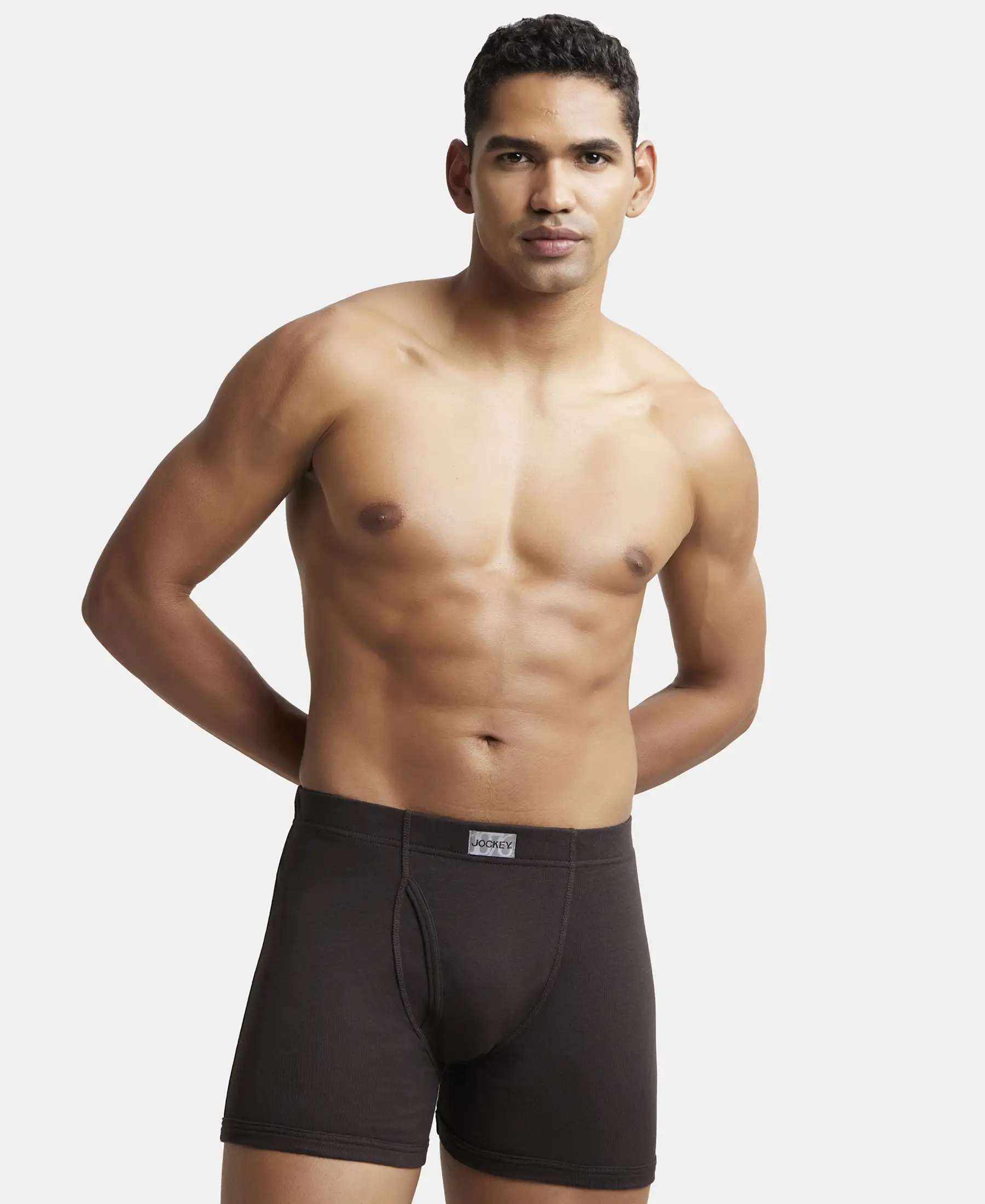 Super Combed Cotton Rib Solid Boxer Brief with Ultrasoft and Durable Waistband - Black/Grey Melange/Brown (Pack of 3) - Image 14