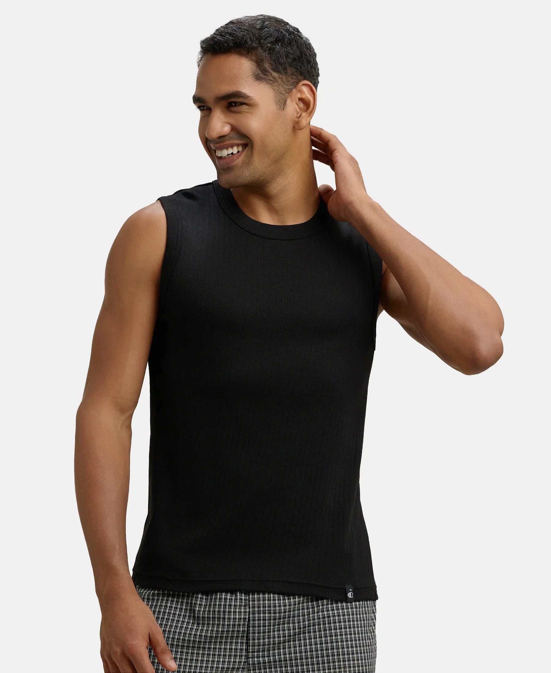 Super Combed Cotton Rib Solid Round Neck Muscle Vest - Black - Image 5