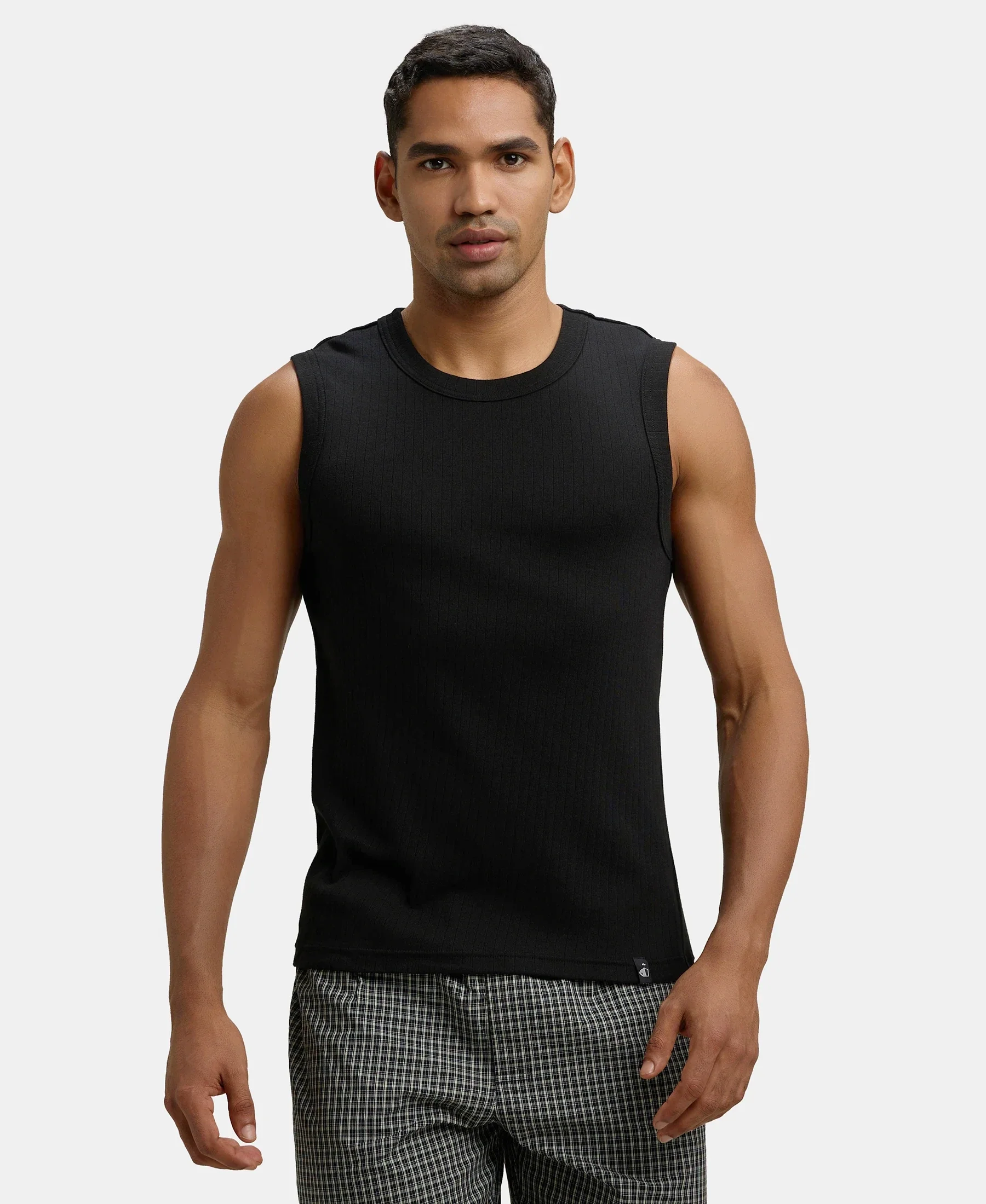 Super Combed Cotton Rib Solid Round Neck Muscle Vest - Black & Charcoal (Pack of 2) - Image 2