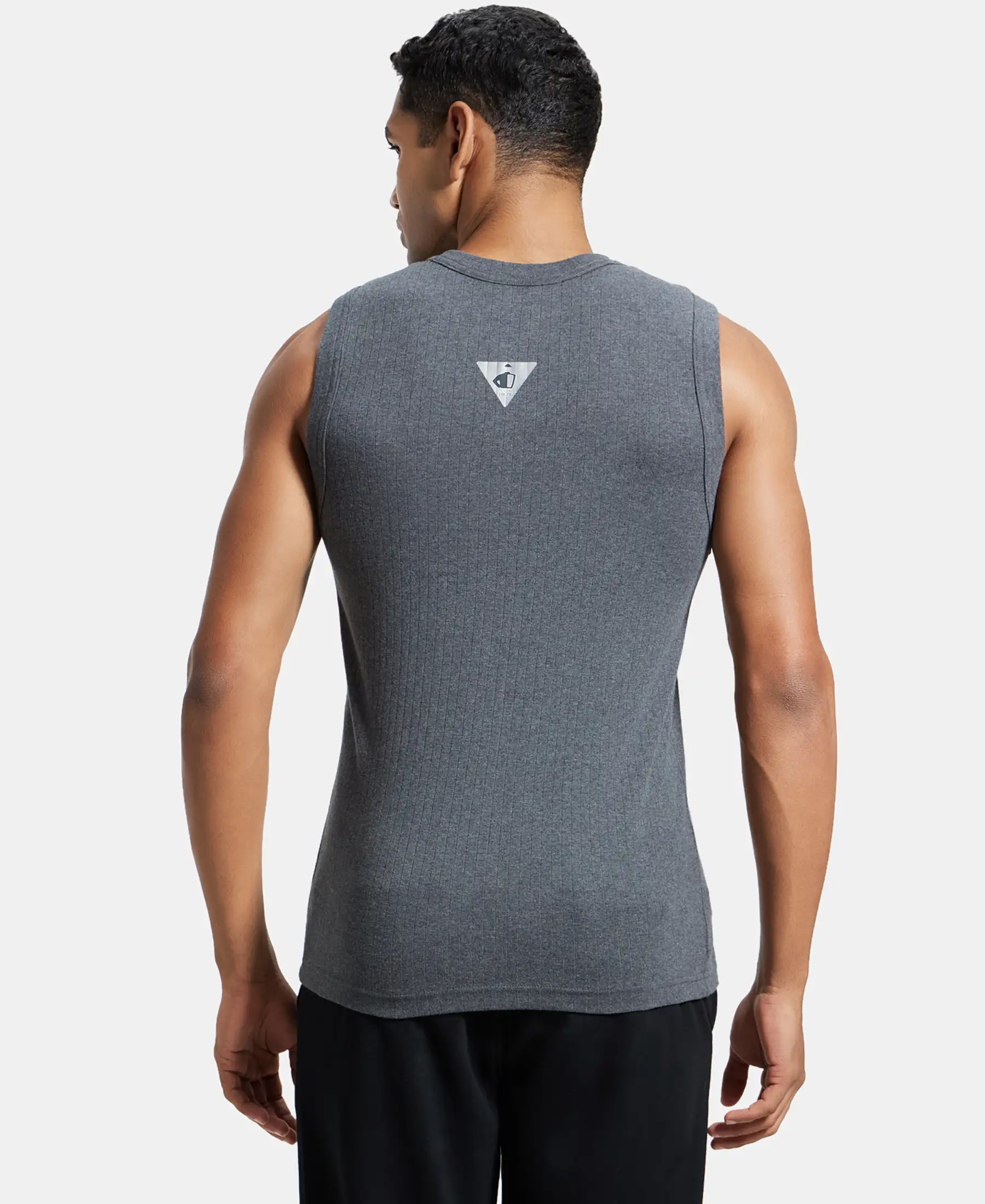 Super Combed Cotton Rib Solid Round Neck Muscle Vest - Charcoal Melange - Image 3