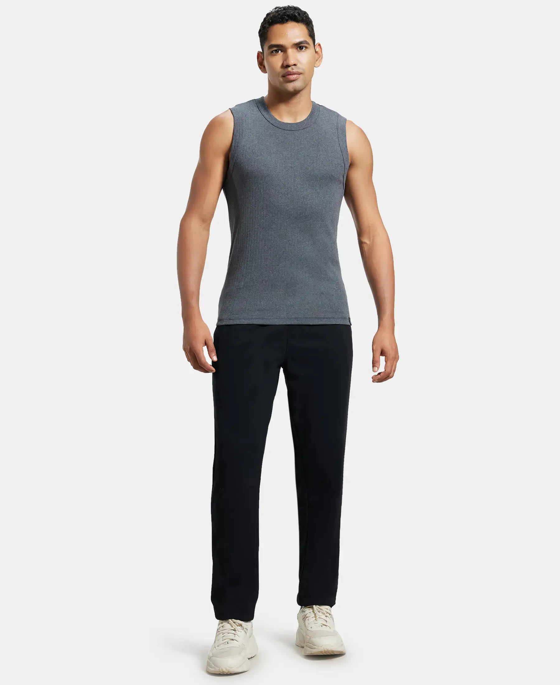 Super Combed Cotton Rib Solid Round Neck Muscle Vest - Charcoal Melange - Image 4