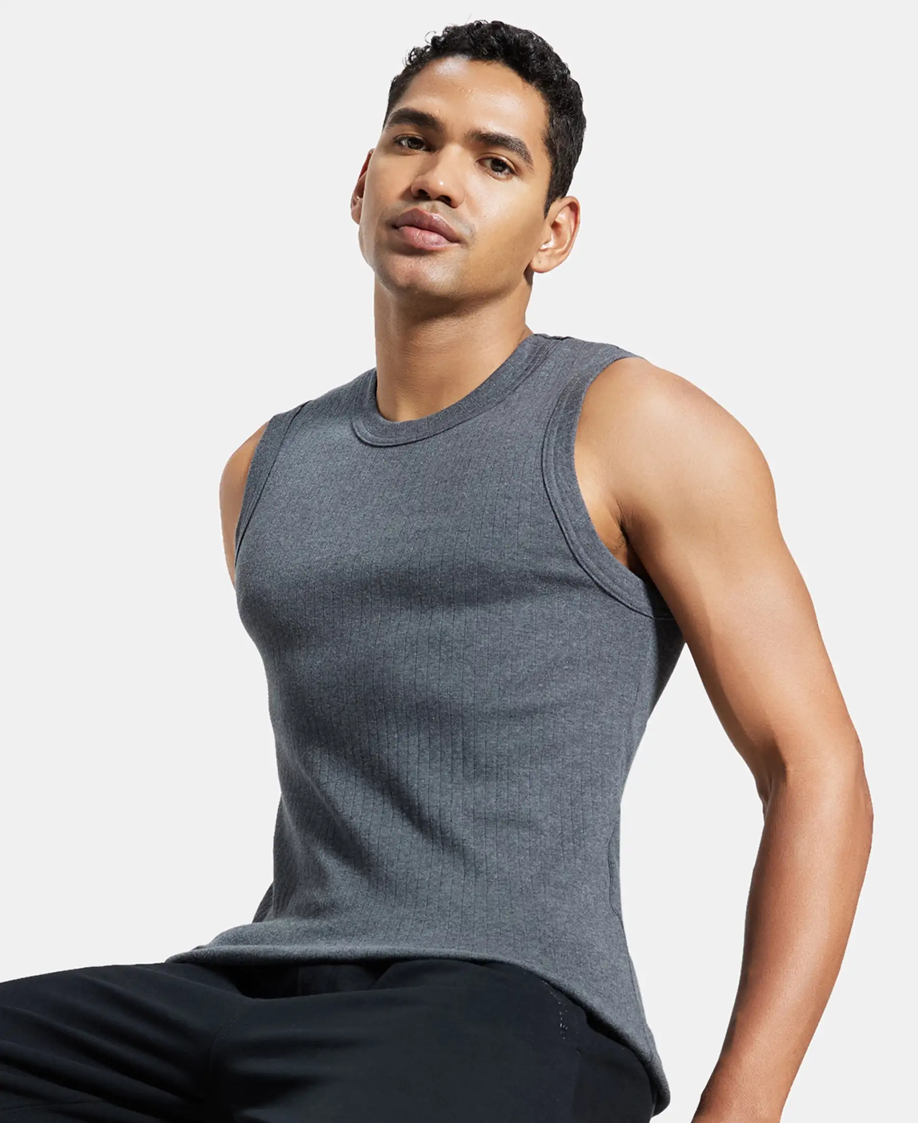 Super Combed Cotton Rib Solid Round Neck Muscle Vest - Charcoal Melange - Image 5