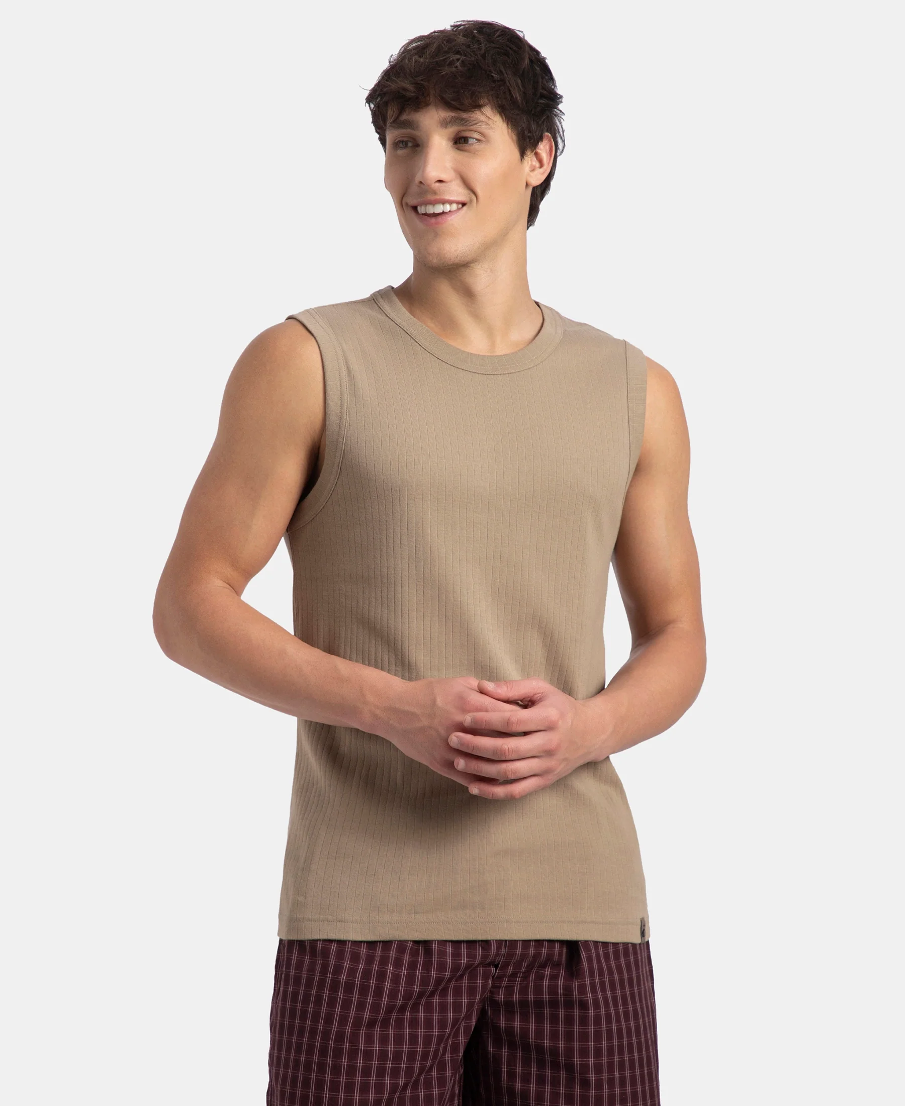 Super Combed Cotton Rib Solid Round Neck Muscle Vest - Desert Taupe - Image 2