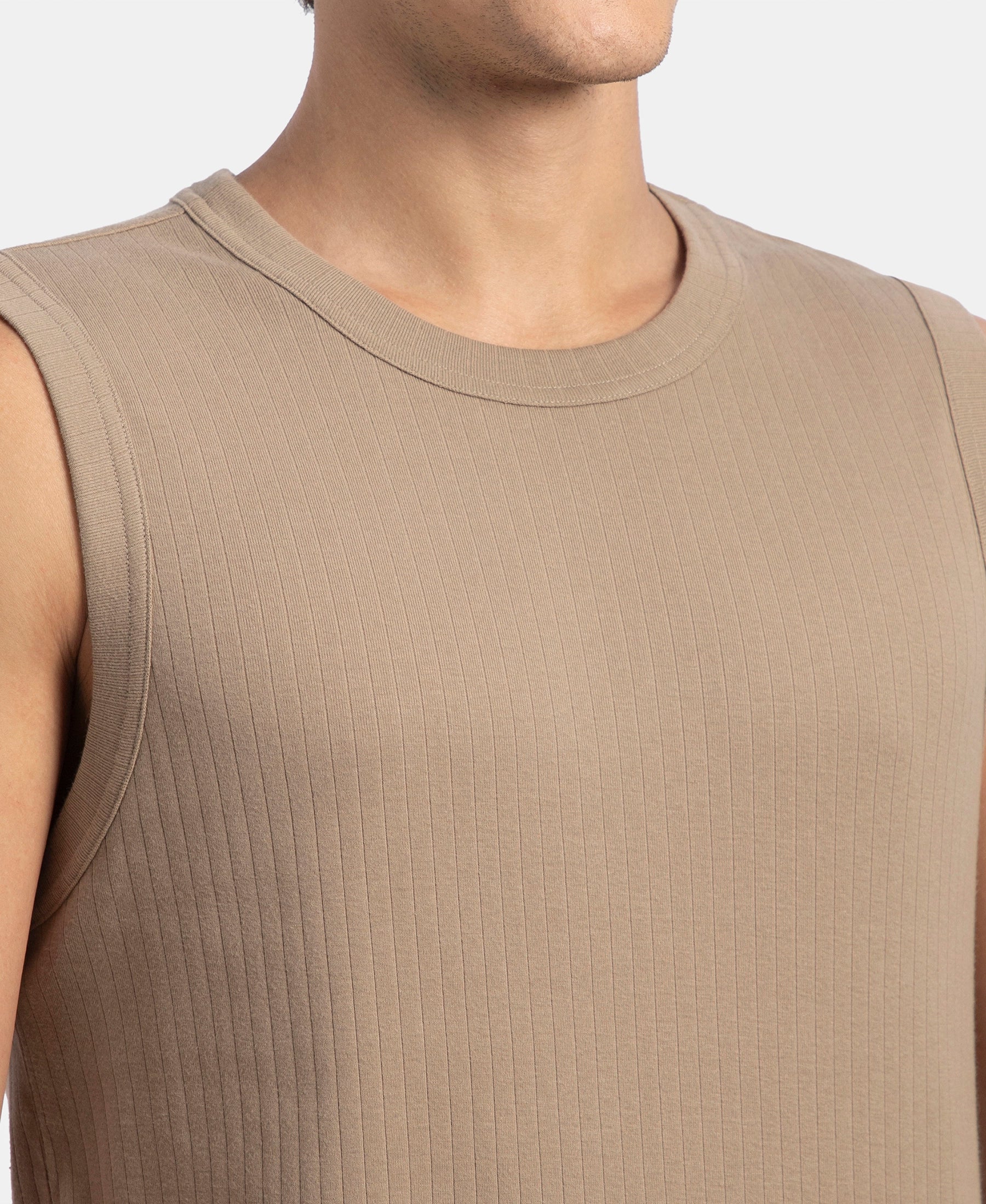 Super Combed Cotton Rib Solid Round Neck Muscle Vest - Desert Taupe - Image 7