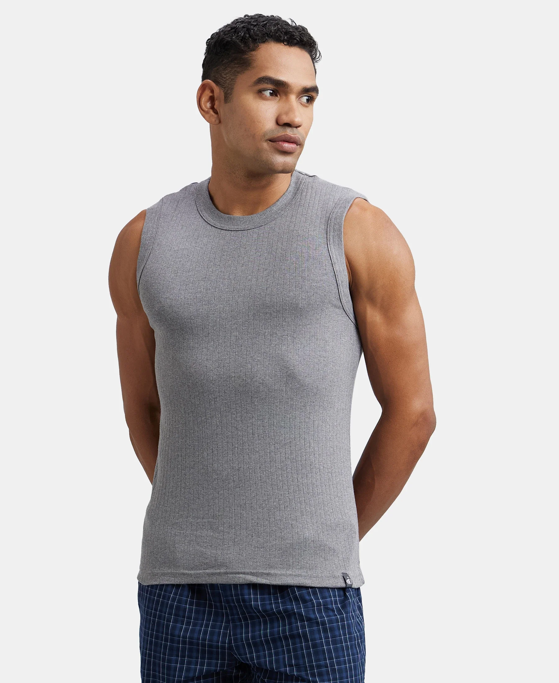 Super Combed Cotton Rib Solid Round Neck Muscle Vest - Grey Melange - Image 5