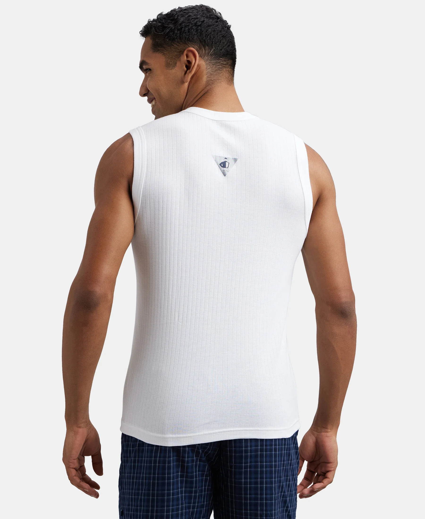 Super Combed Cotton Rib Solid Round Neck Muscle Vest - White - Image 3