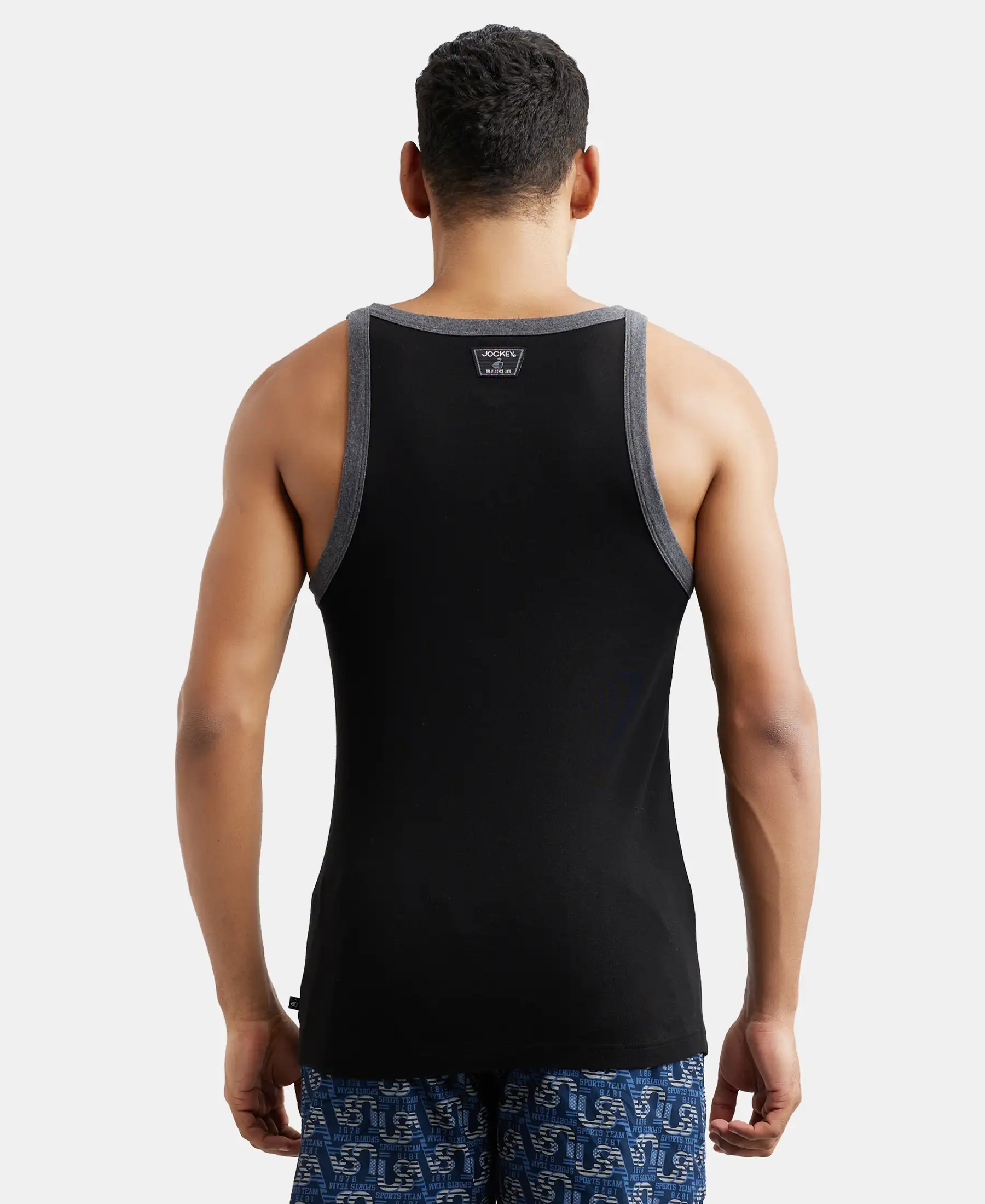 Super Combed Cotton Rib Square Neck Gym Vest - Black & Charcoal - Image 3