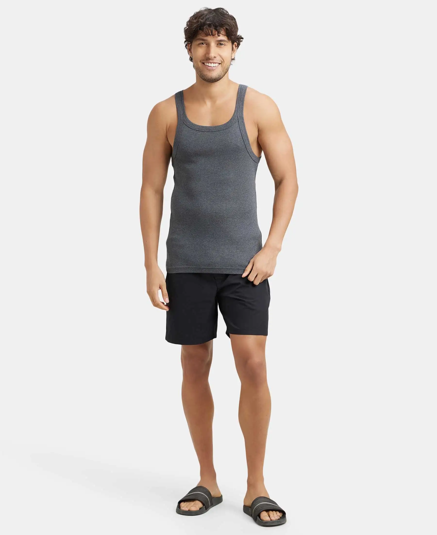 Super Combed Cotton Rib Square Neck Gym Vest - Charcoal Melange (Pack of 2) - Image 5