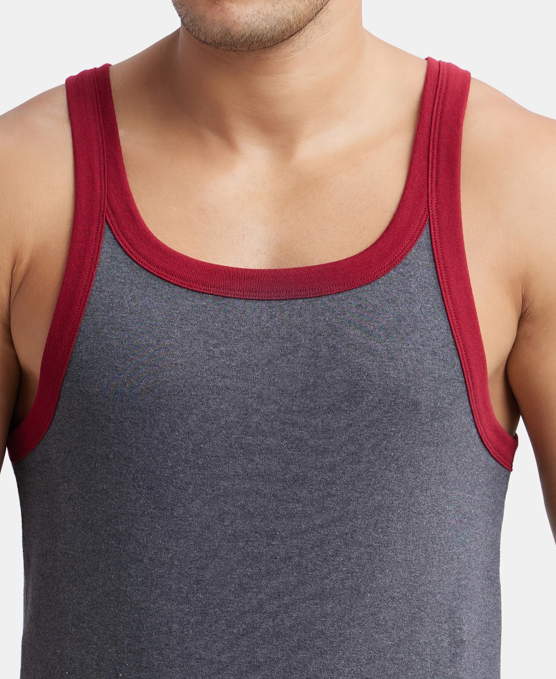 Super Combed Cotton Rib Square Neck Gym Vest - Charcoal & Red Pepper - Image 6