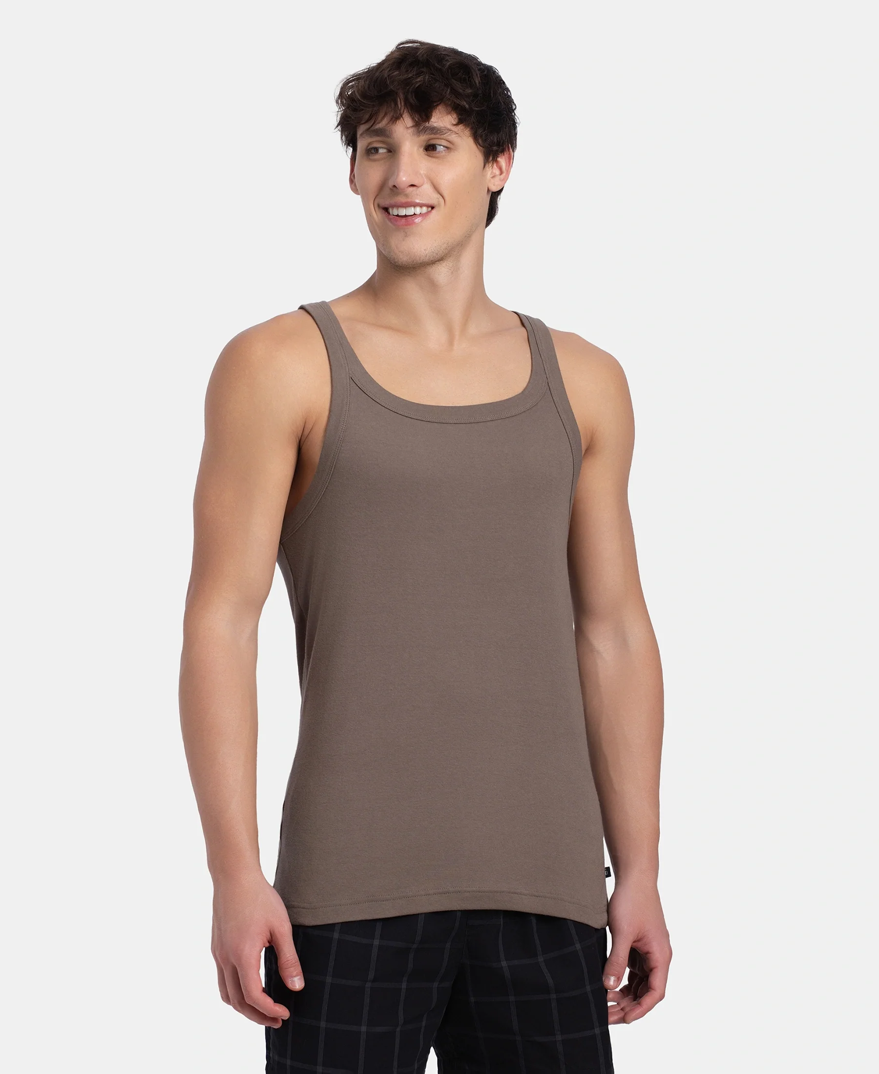 Super Combed Cotton Rib Square Neck Gym Vest - Dark Khaki - Image 2