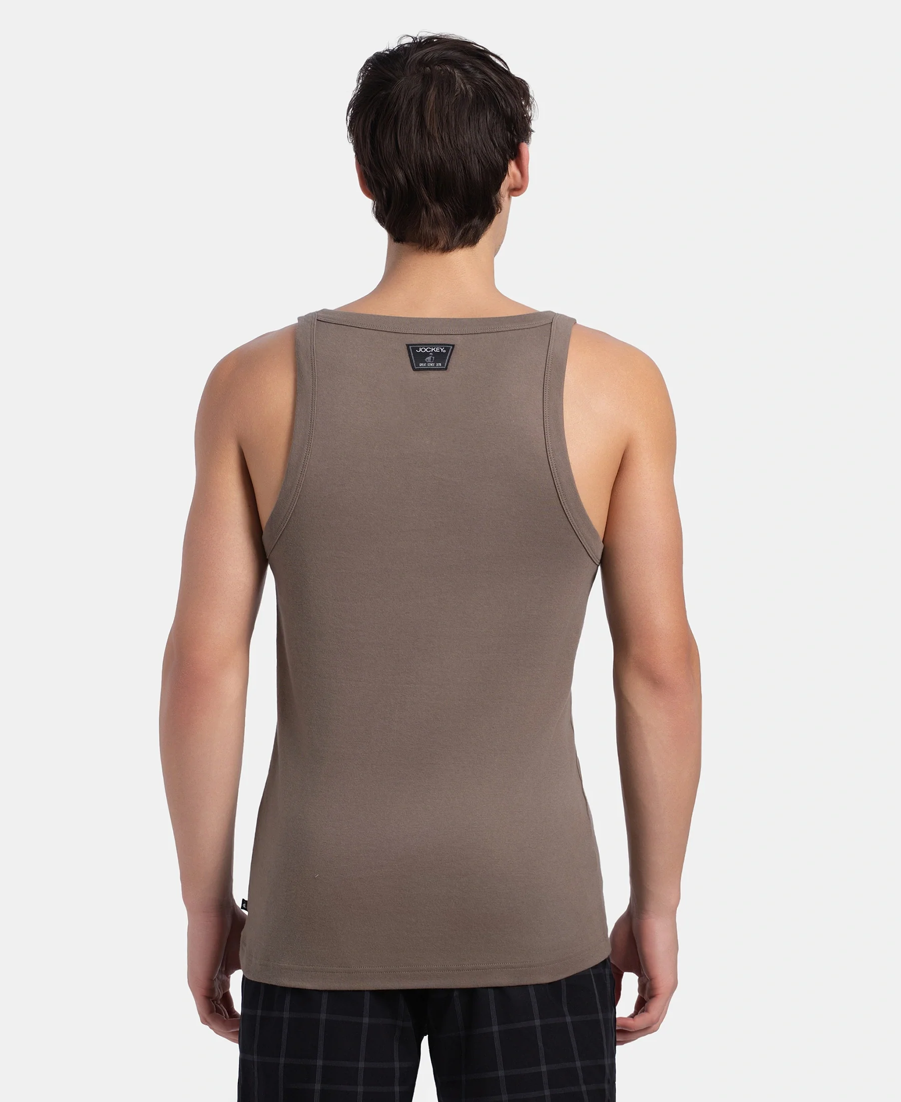 Super Combed Cotton Rib Square Neck Gym Vest - Dark Khaki - Image 3