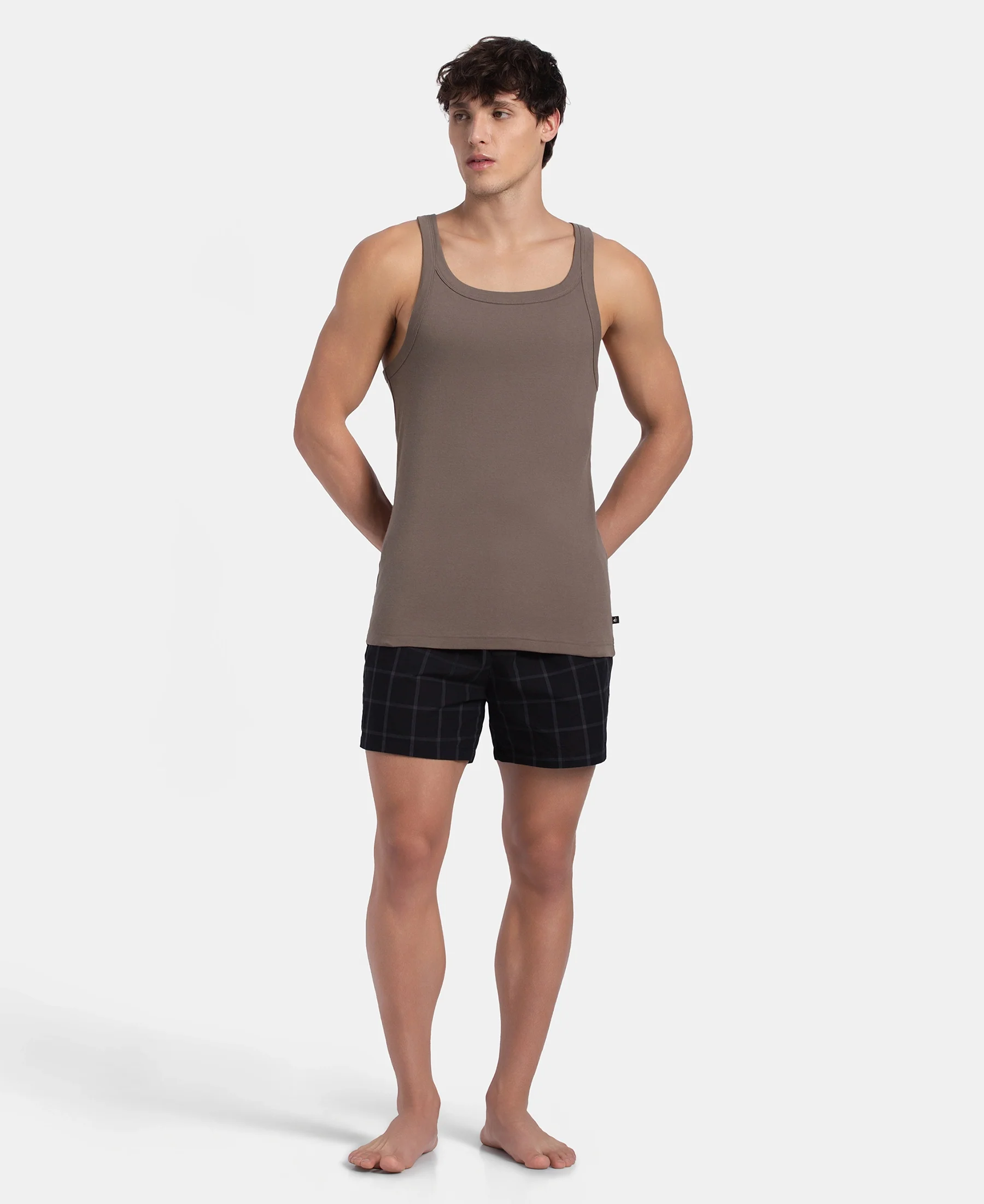 Super Combed Cotton Rib Square Neck Gym Vest - Dark Khaki - Image 4