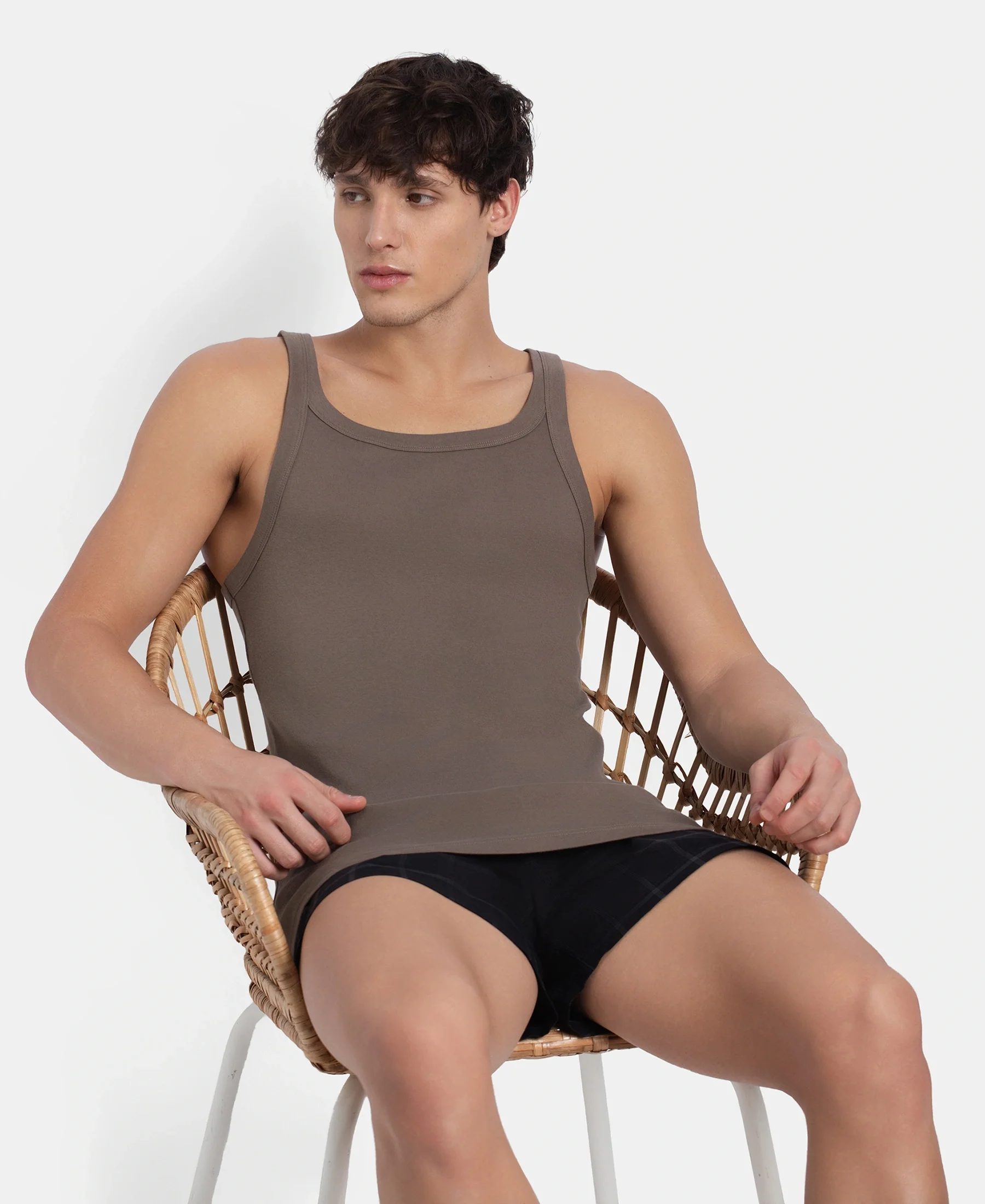 Super Combed Cotton Rib Square Neck Gym Vest - Dark Khaki - Image 5