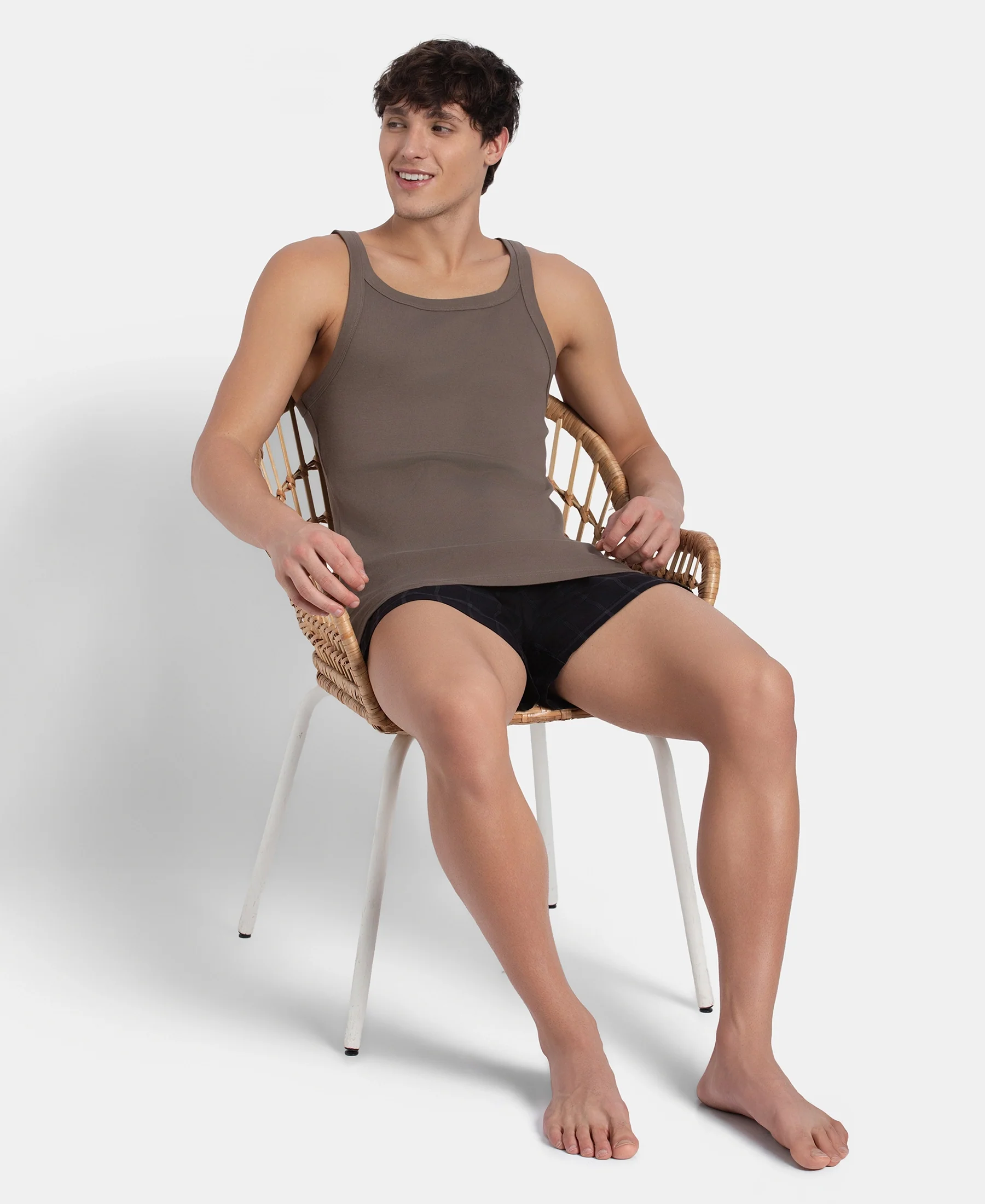 Super Combed Cotton Rib Square Neck Gym Vest - Dark Khaki - Image 6