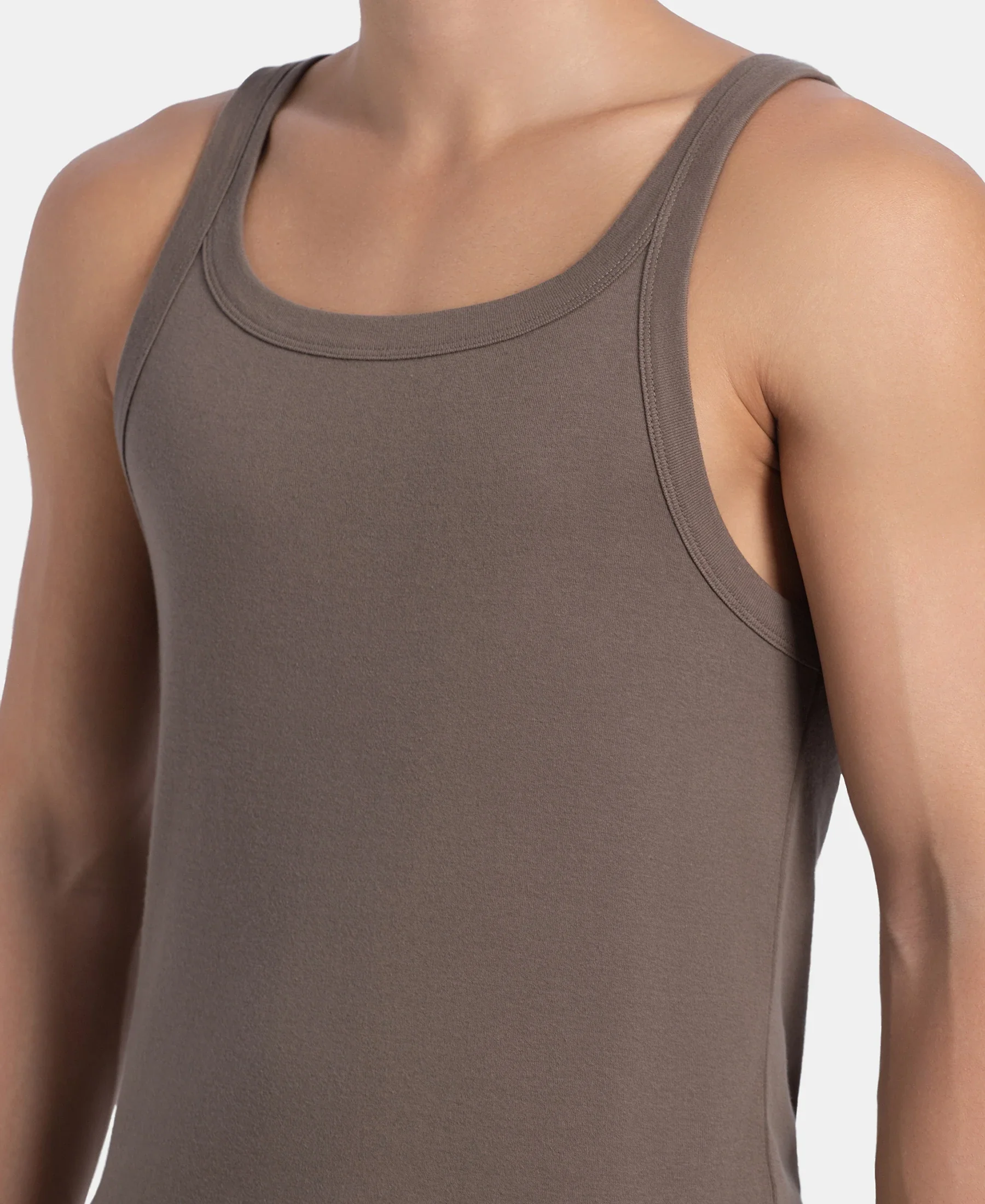 Super Combed Cotton Rib Square Neck Gym Vest - Dark Khaki - Image 7