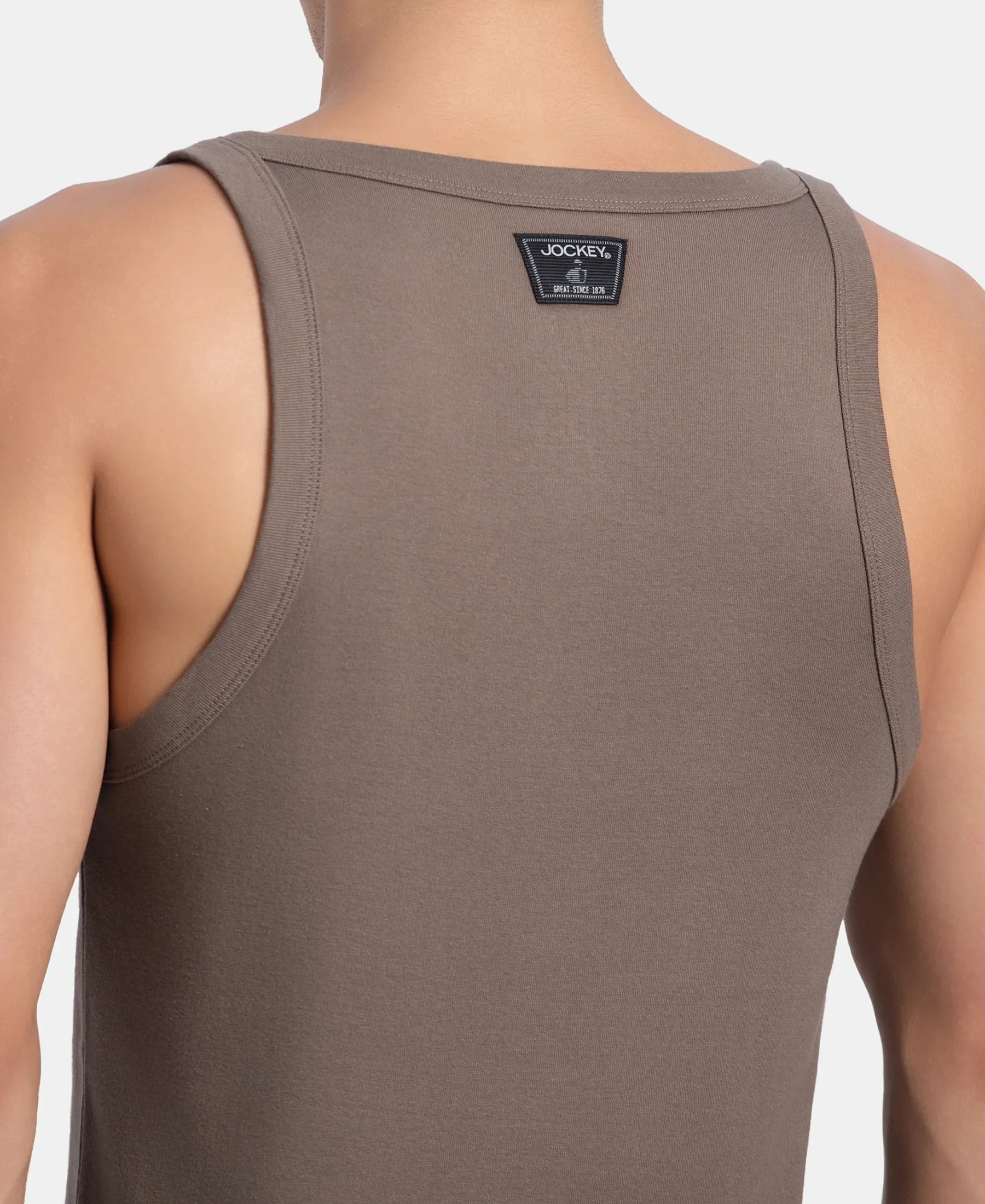 Super Combed Cotton Rib Square Neck Gym Vest - Dark Khaki - Image 8