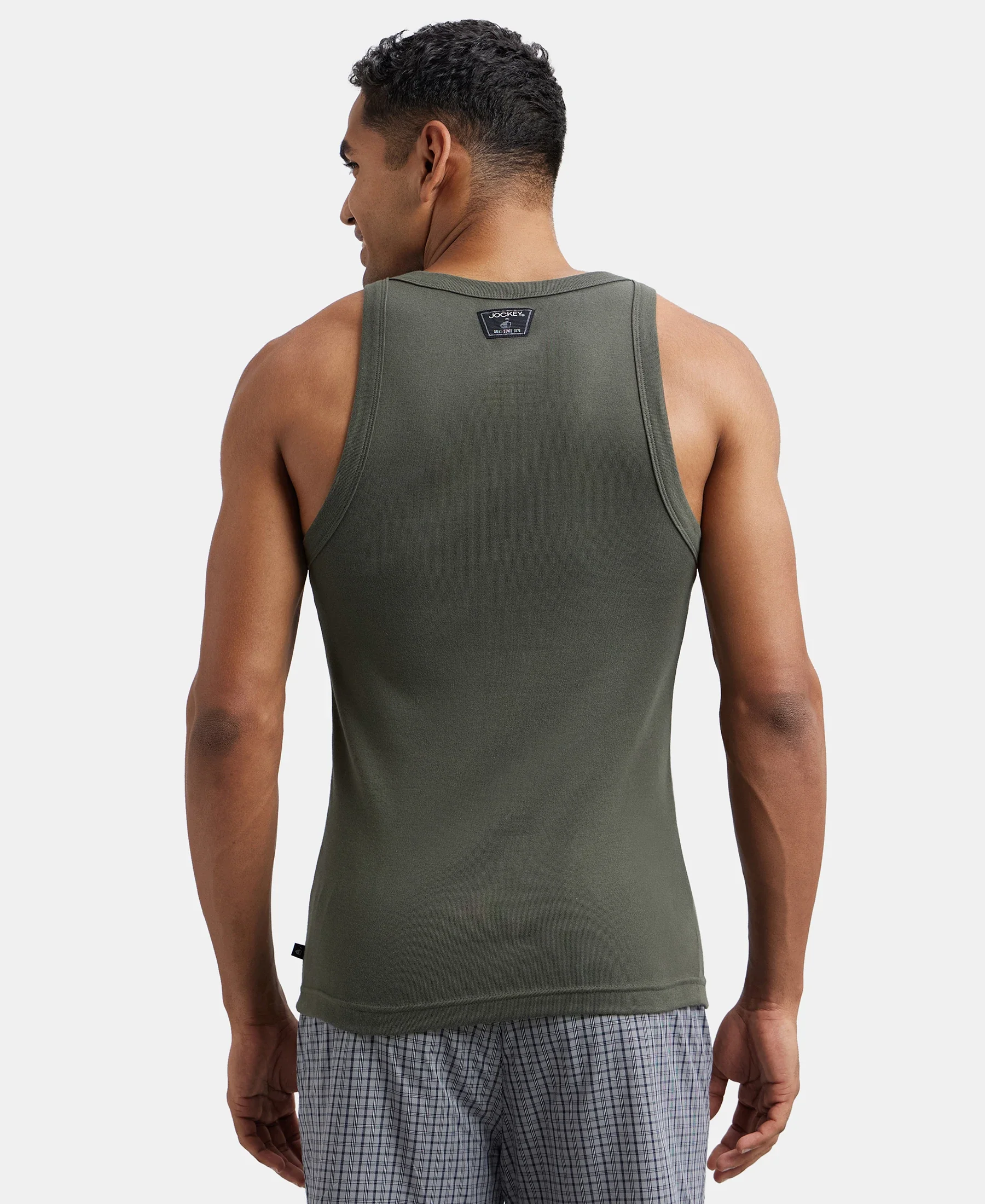 Super Combed Cotton Rib Square Neck Gym Vest - Deep Olive - Image 3