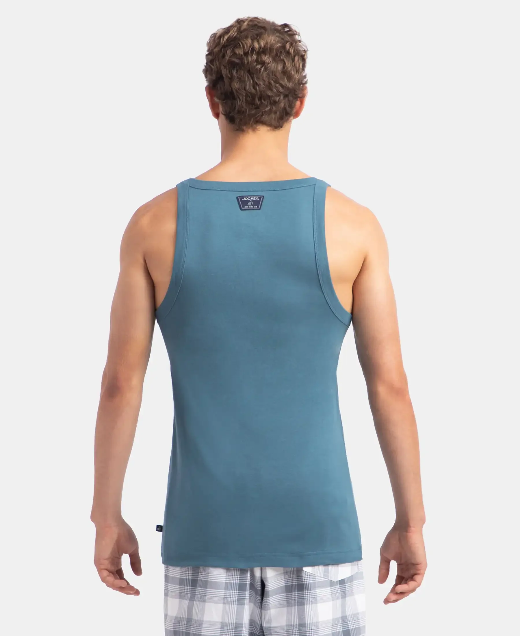 Super Combed Cotton Rib Square Neck Gym Vest - Indian Teal - Image 3