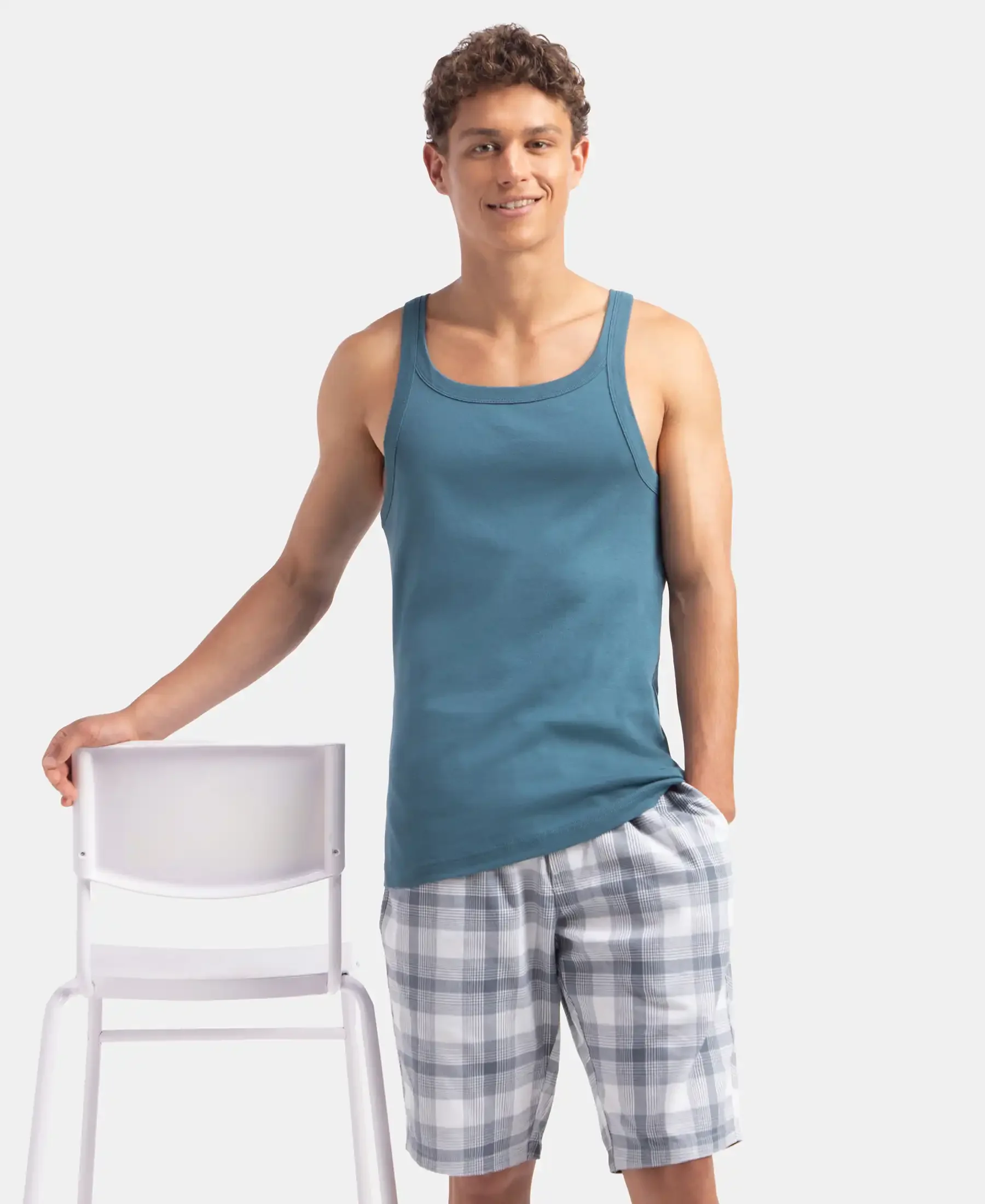 Super Combed Cotton Rib Square Neck Gym Vest - Indian Teal - Image 5