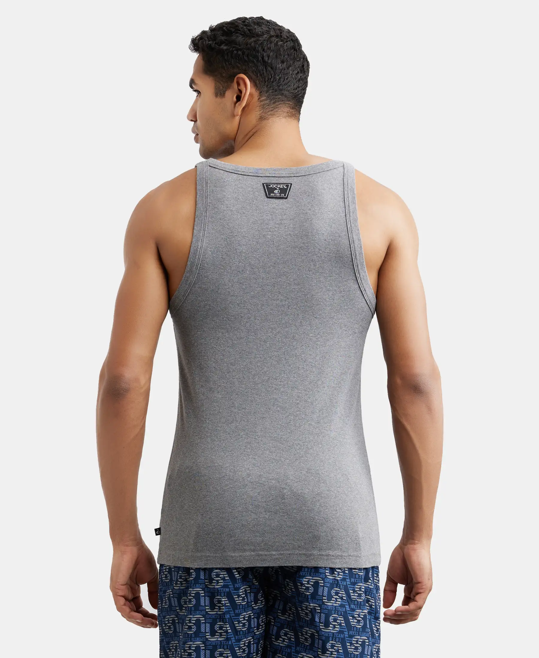 Super Combed Cotton Rib Square Neck Gym Vest - Mid Grey Melange (Pack of 2) - Image 3
