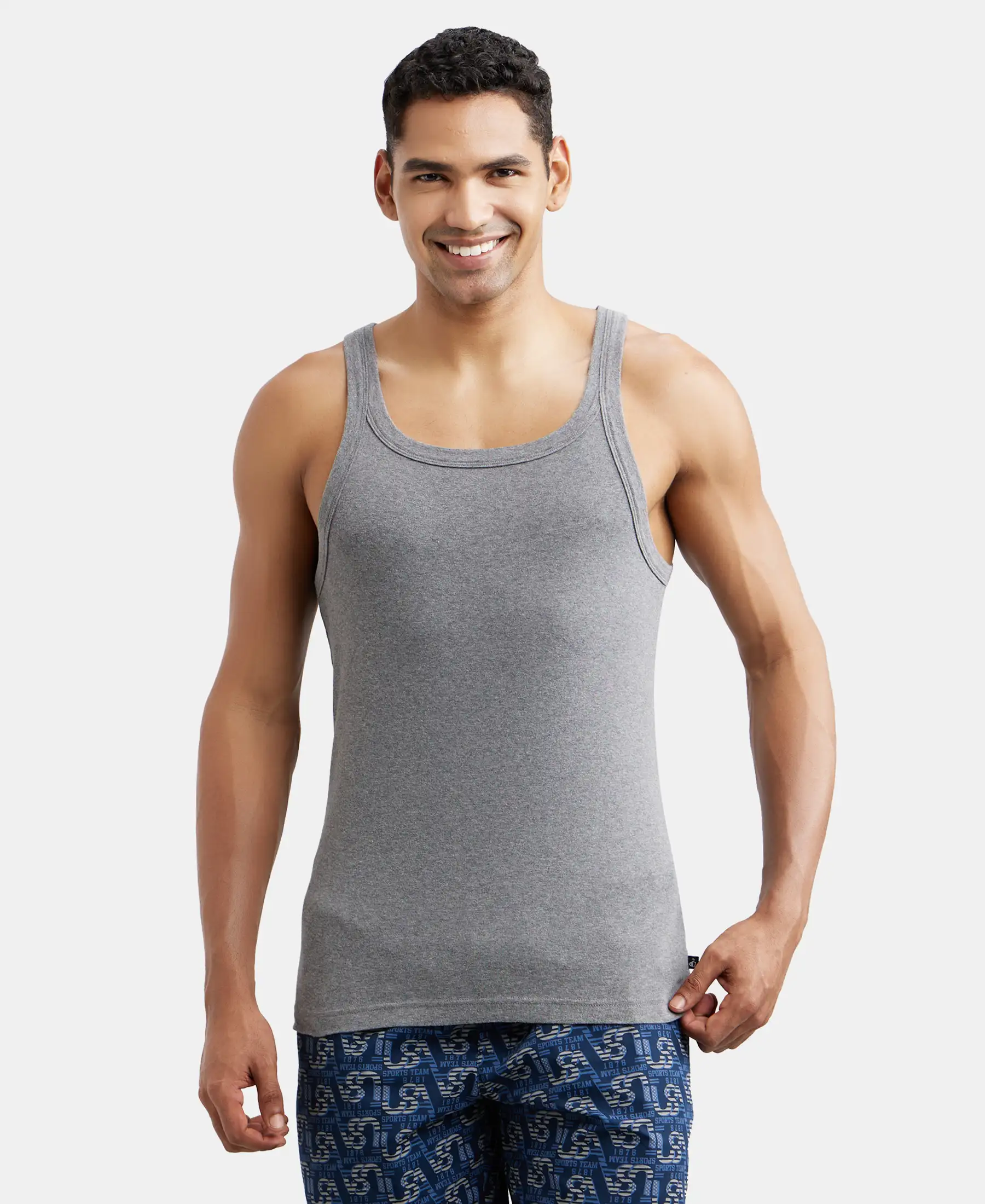 Super Combed Cotton Rib Square Neck Gym Vest - Mid Grey Melange (Pack of 2) - Image 6