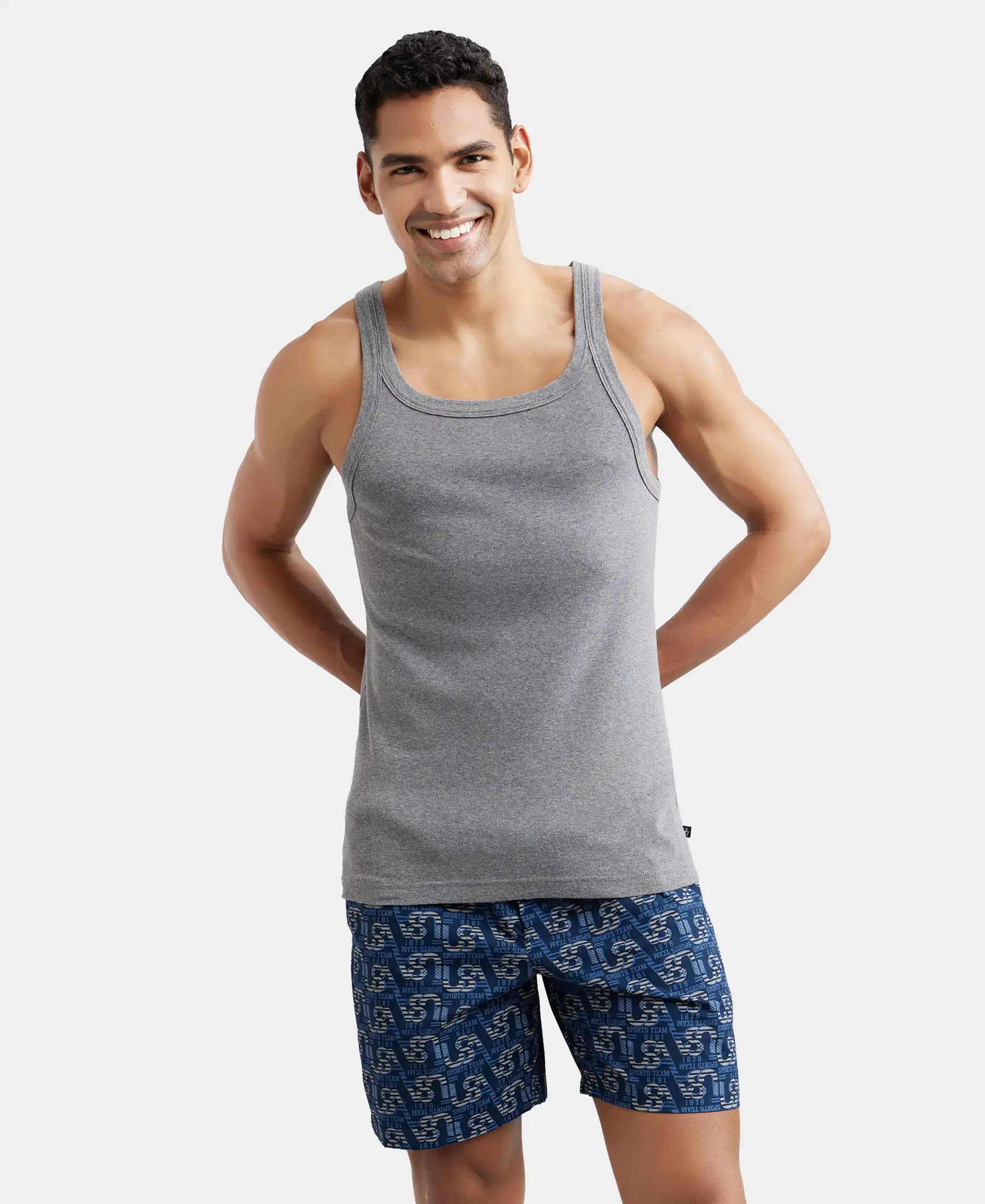 Super Combed Cotton Rib Square Neck Gym Vest - Mid Grey Melange (Pack of 2) - Image 8