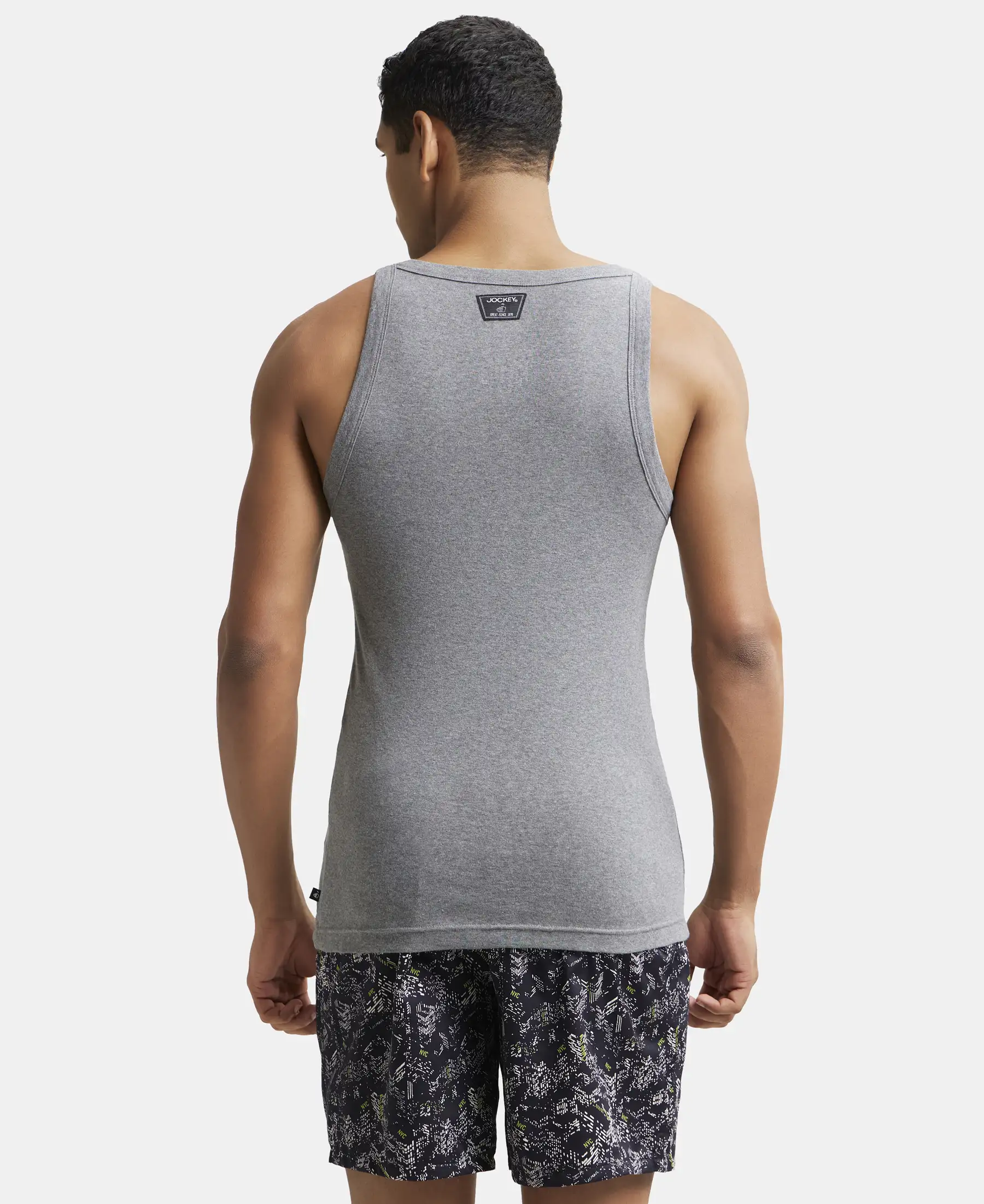 Super Combed Cotton Rib Square Neck Gym Vest - Mid Grey Melange - Image 3