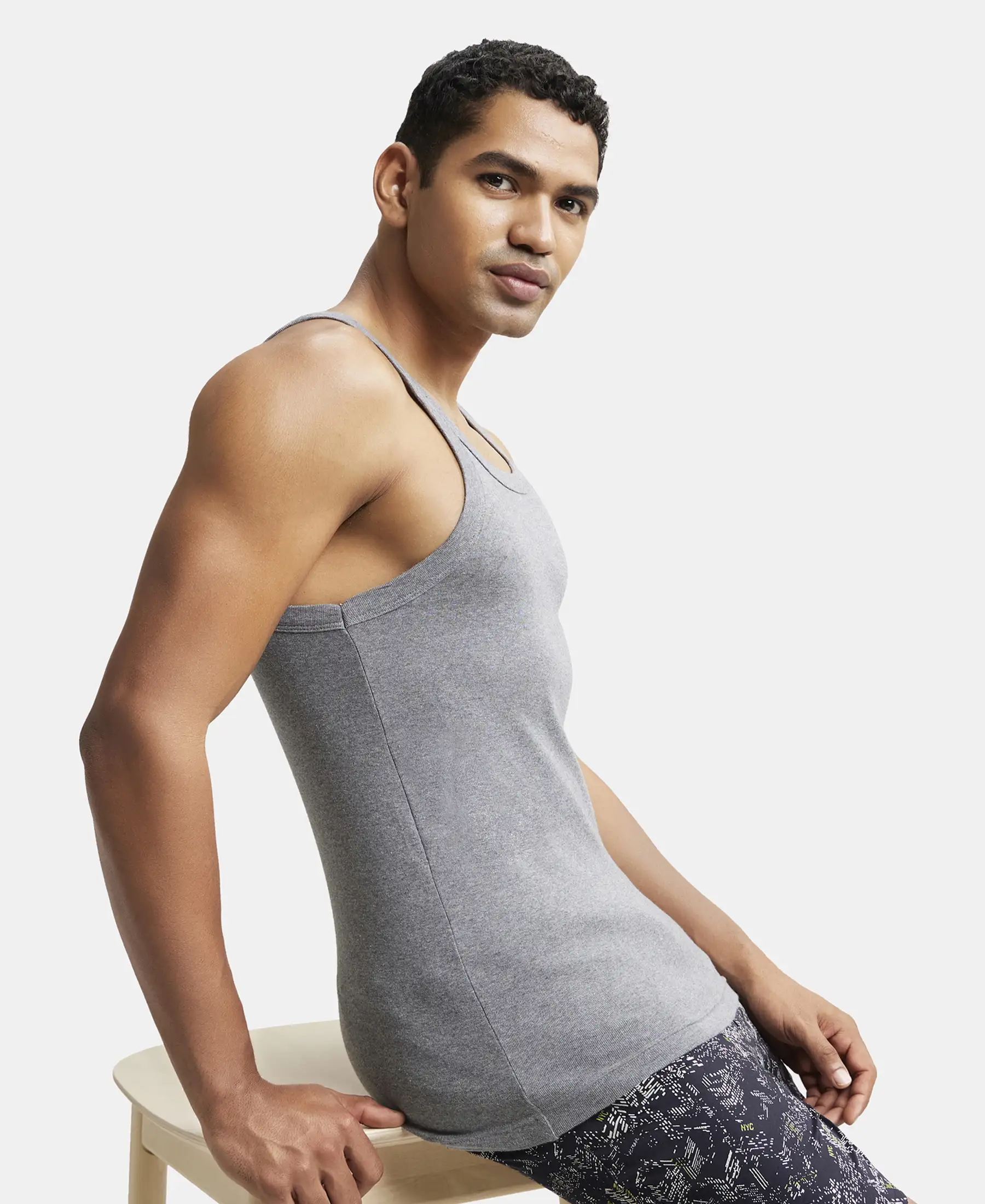 Super Combed Cotton Rib Square Neck Gym Vest - Mid Grey Melange - Image 5