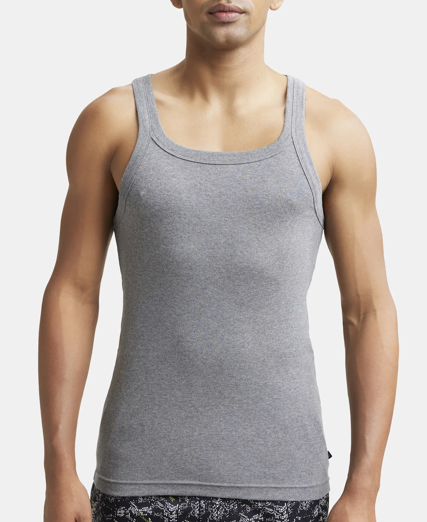 Super Combed Cotton Rib Square Neck Gym Vest - Mid Grey Melange - Image 6