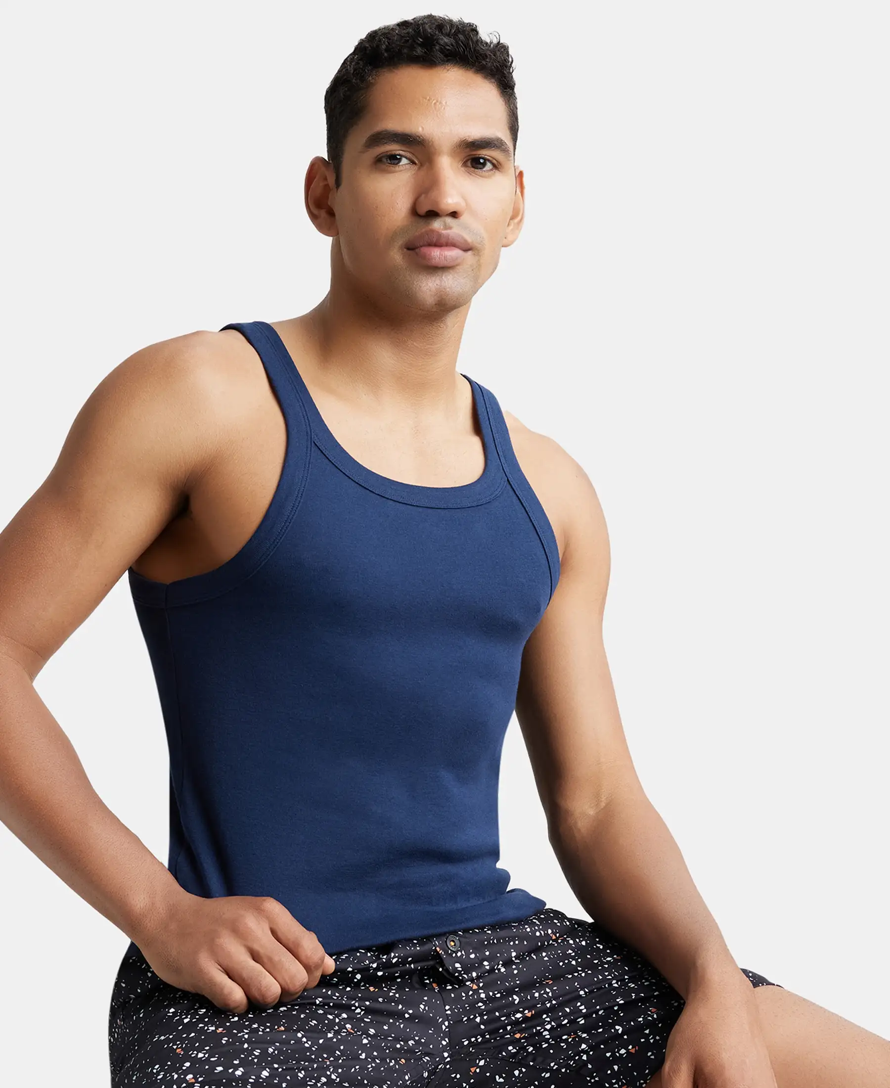 Super Combed Cotton Rib Square Neck Gym Vest - Navy - Image 5
