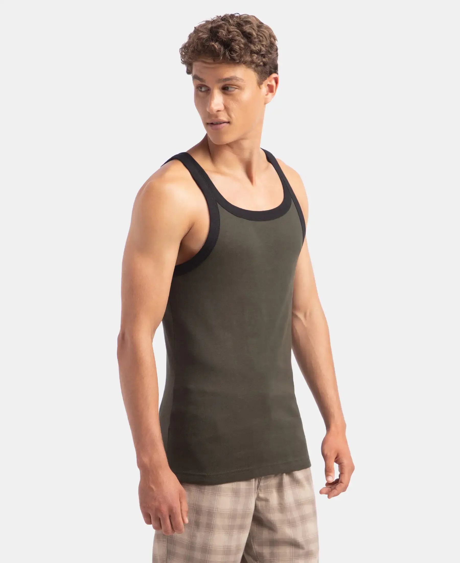 Super Combed Cotton Rib Square Neck Gym Vest - Olive & Black - Image 2