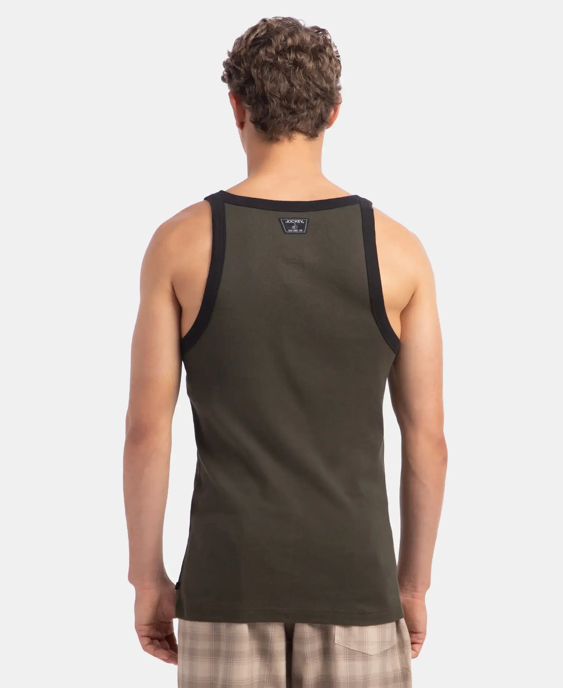 Super Combed Cotton Rib Square Neck Gym Vest - Olive & Black - Image 3