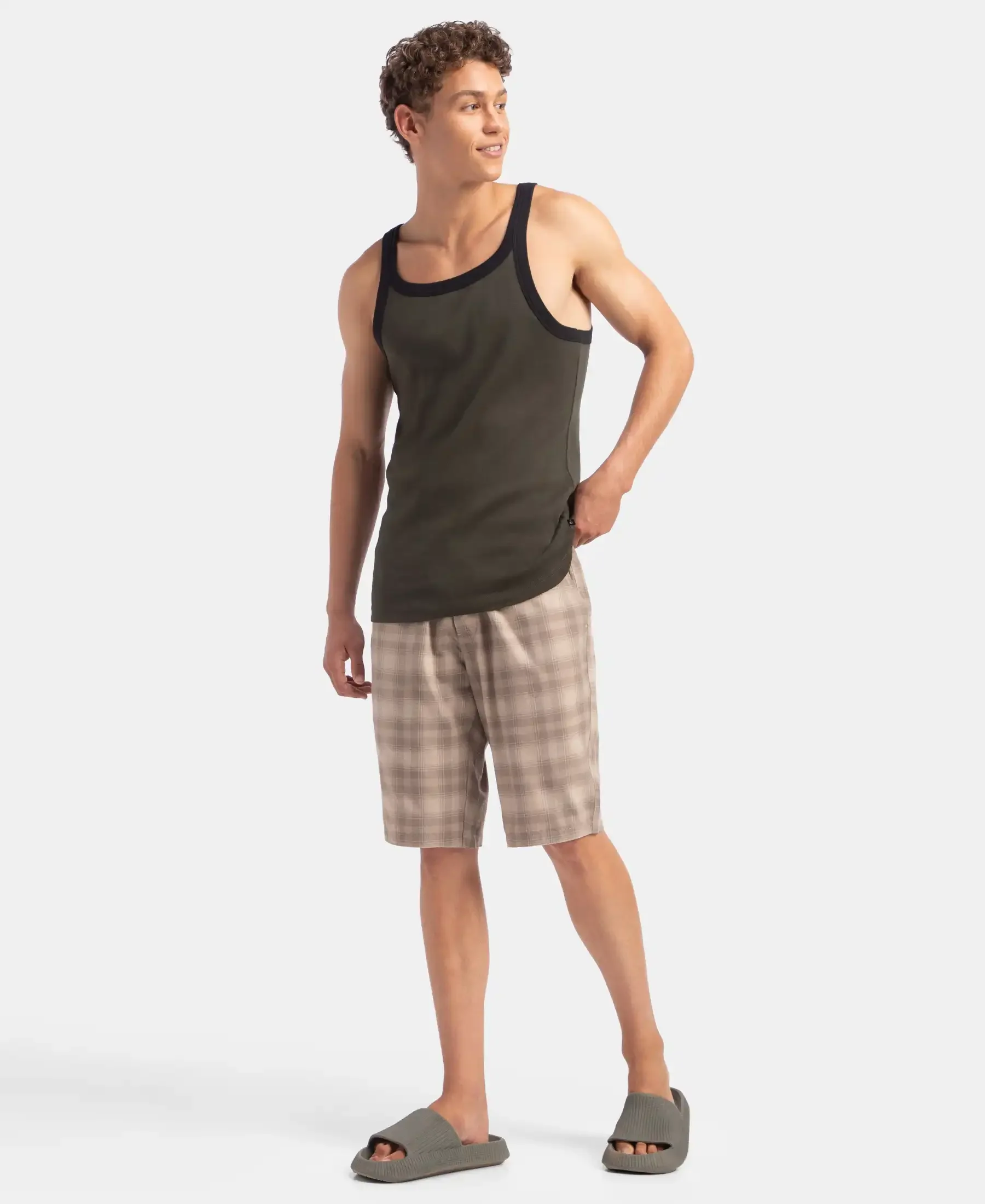 Super Combed Cotton Rib Square Neck Gym Vest - Olive & Black - Image 4