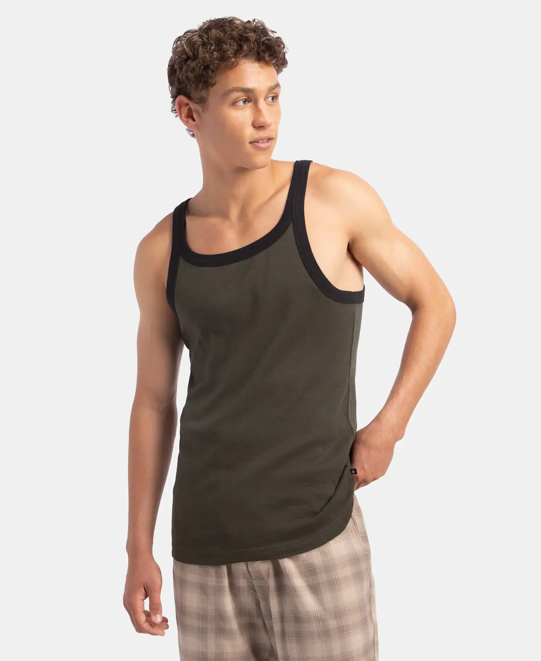 Super Combed Cotton Rib Square Neck Gym Vest - Olive & Black - Image 5
