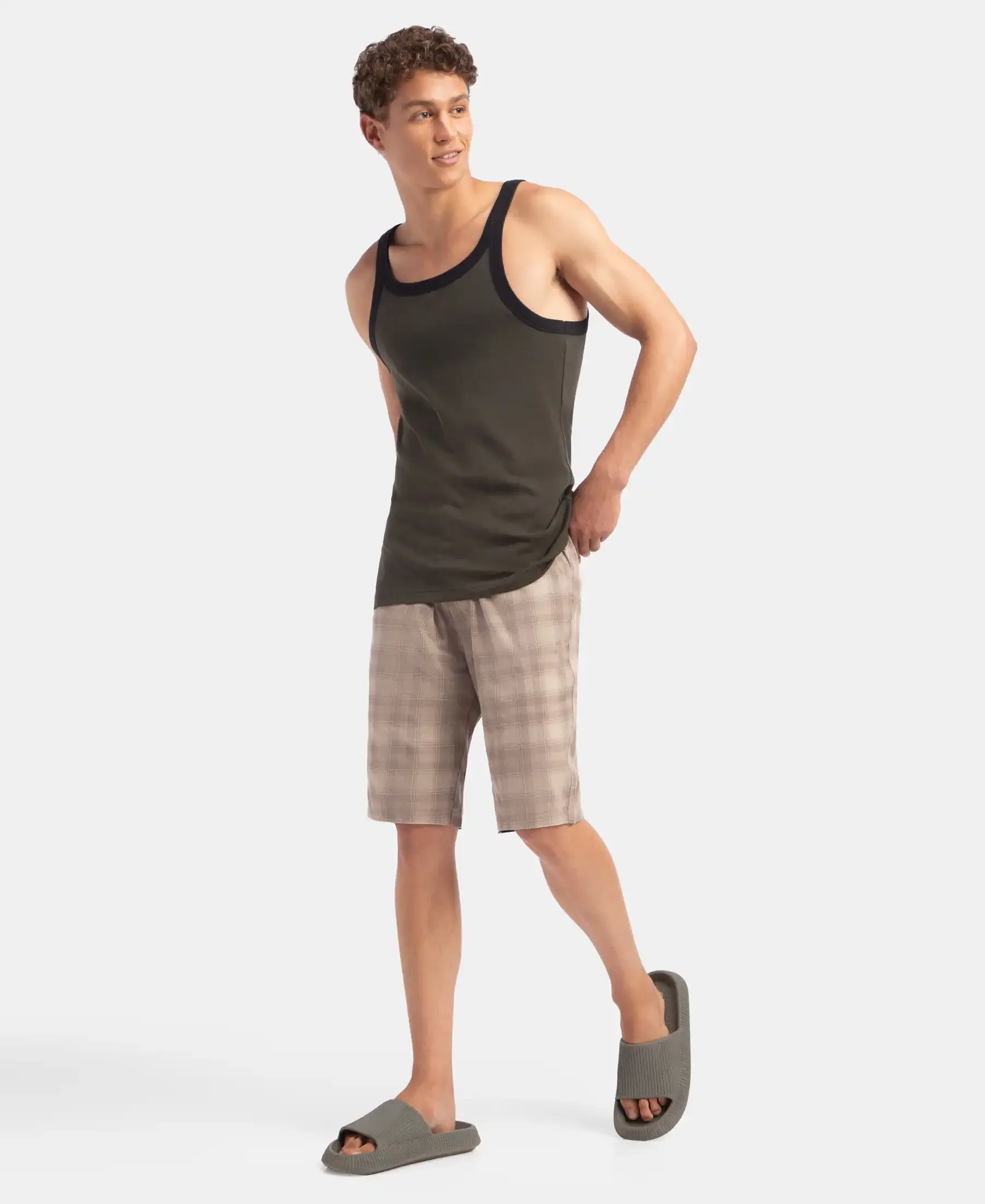 Super Combed Cotton Rib Square Neck Gym Vest - Olive & Black - Image 6