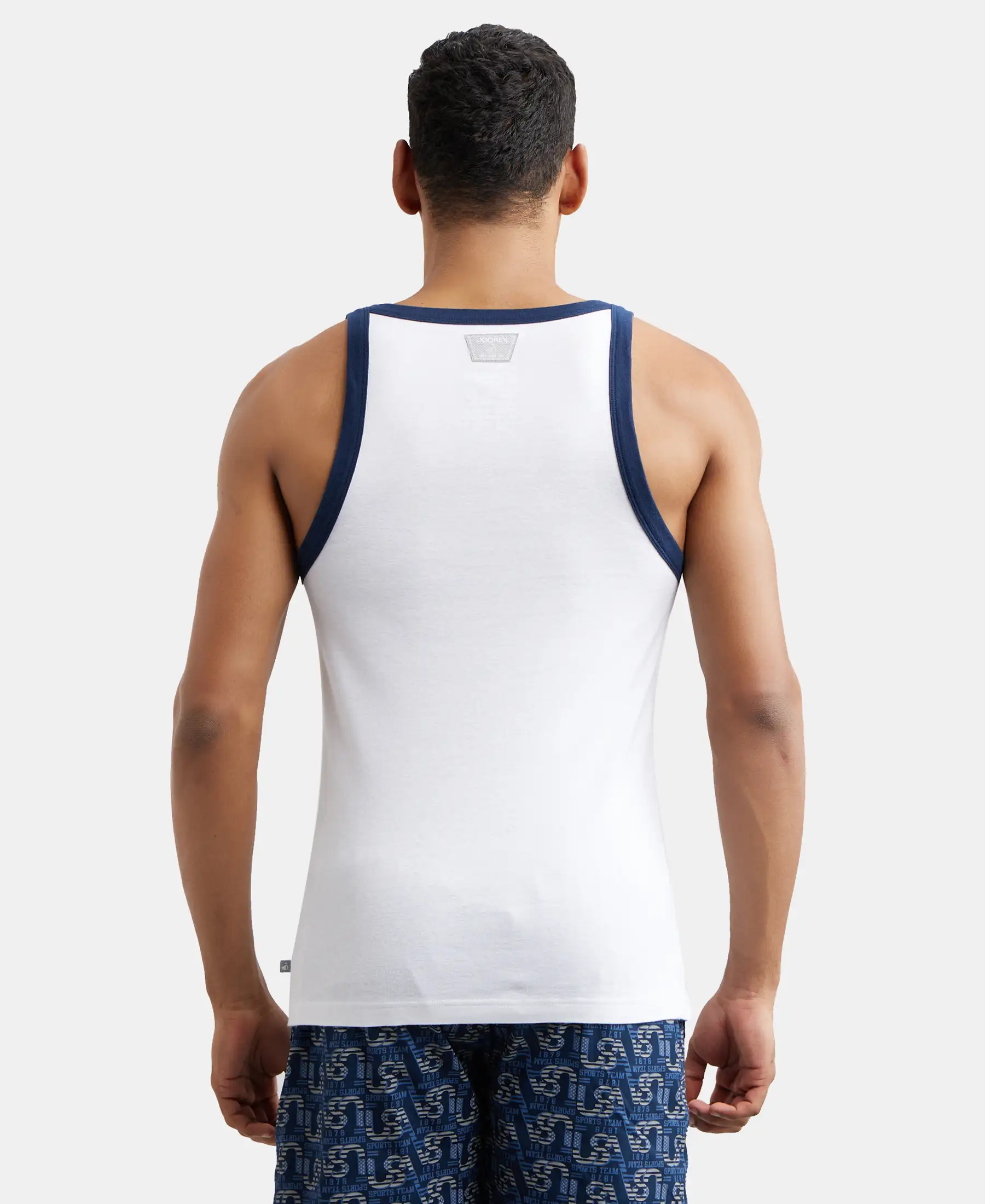 Super Combed Cotton Rib Square Neck Gym Vest - White & Navy - Image 3