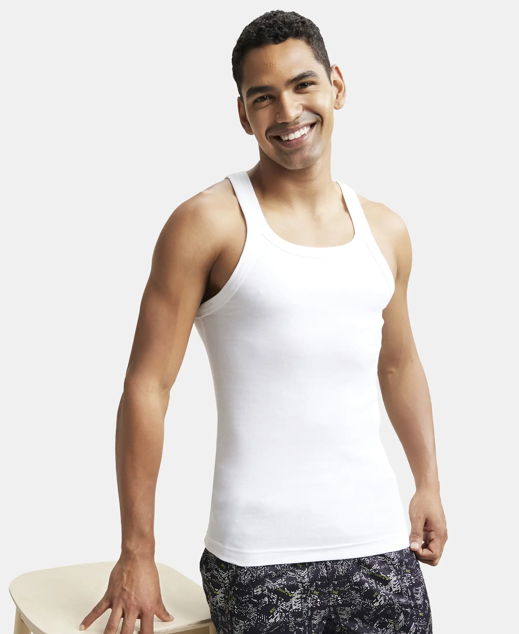 Super Combed Cotton Rib Square Neck Gym Vest - White - Image 5