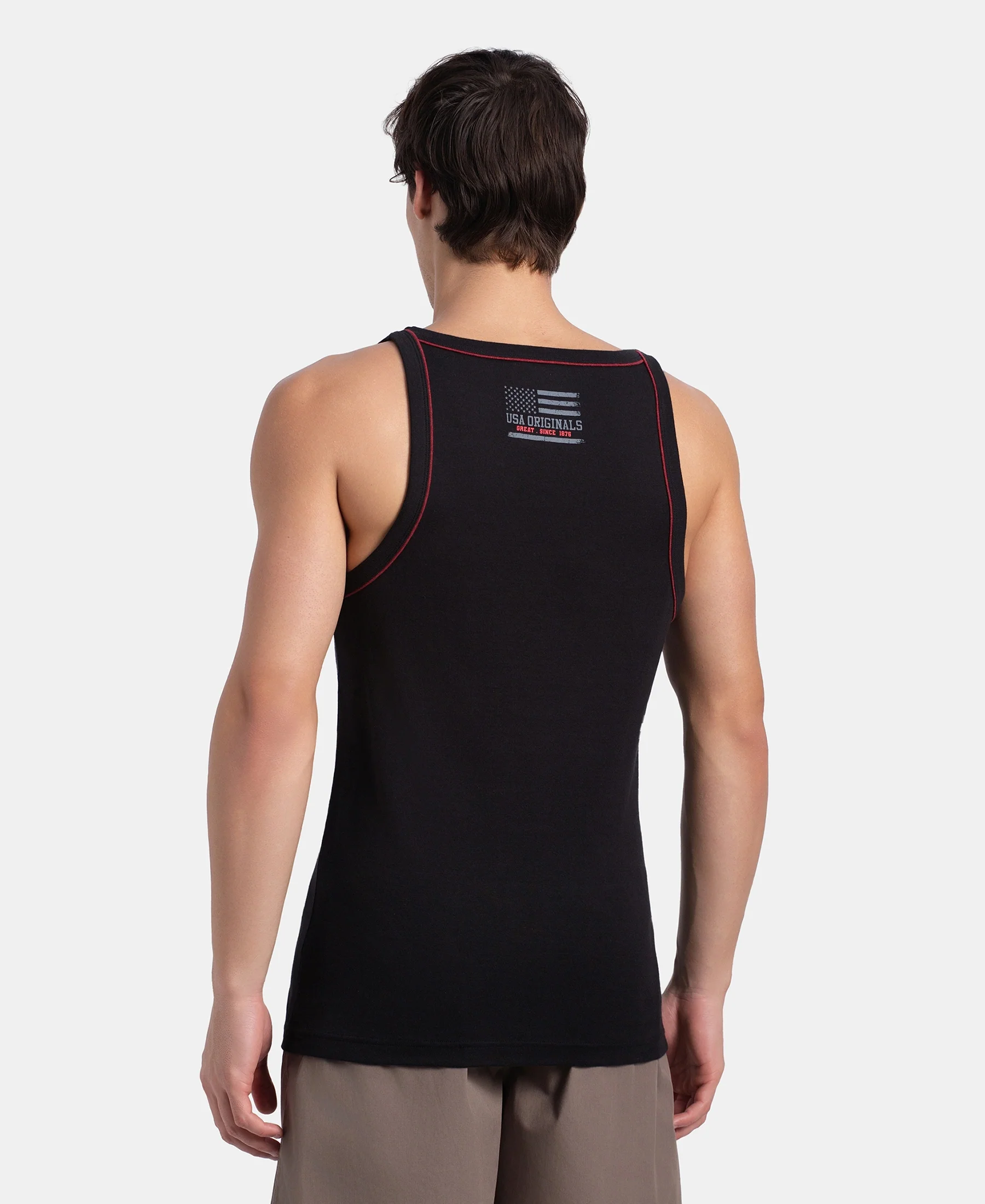 Super Combed Cotton Rib Square Neck Gym Vest with Graphic Print - Black & Grey Melange - Image 3