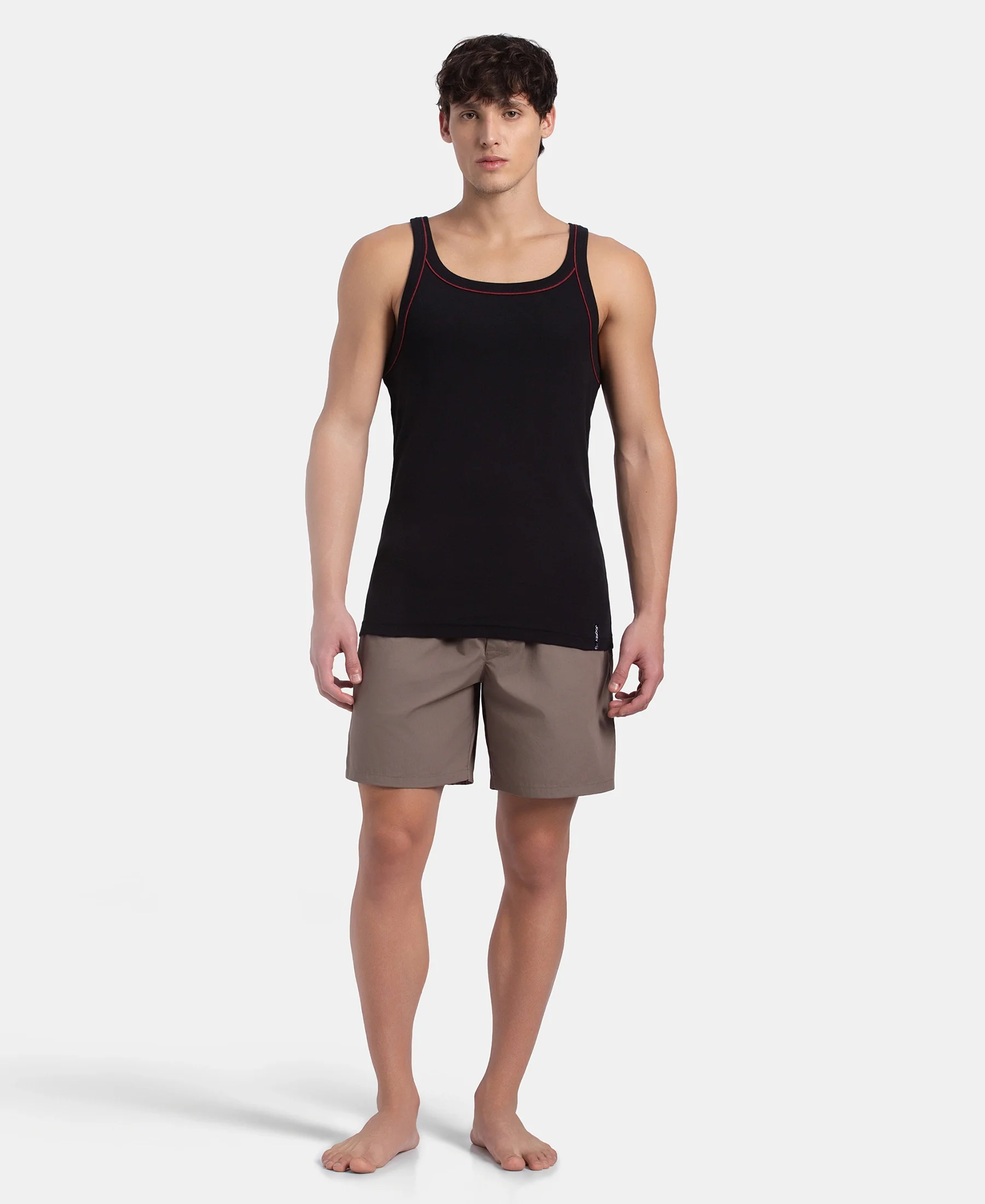 Super Combed Cotton Rib Square Neck Gym Vest with Graphic Print - Black & Grey Melange - Image 4