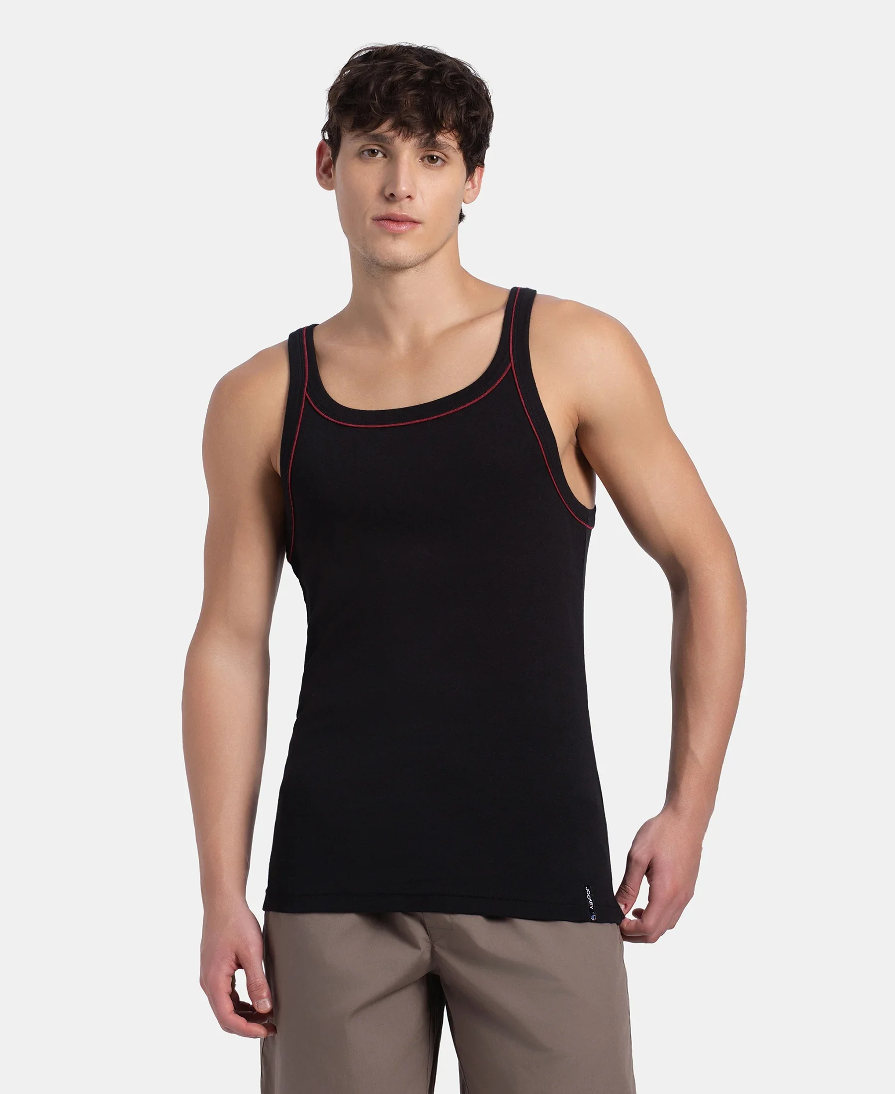 Super Combed Cotton Rib Square Neck Gym Vest with Graphic Print - Black & Grey Melange - Image 5