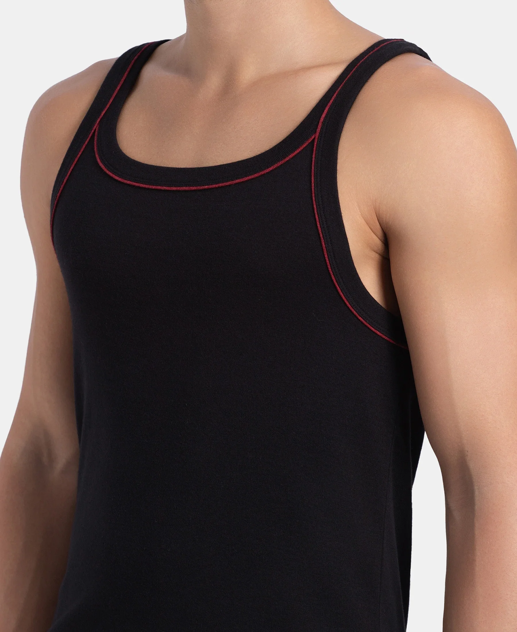 Super Combed Cotton Rib Square Neck Gym Vest with Graphic Print - Black & Grey Melange - Image 7