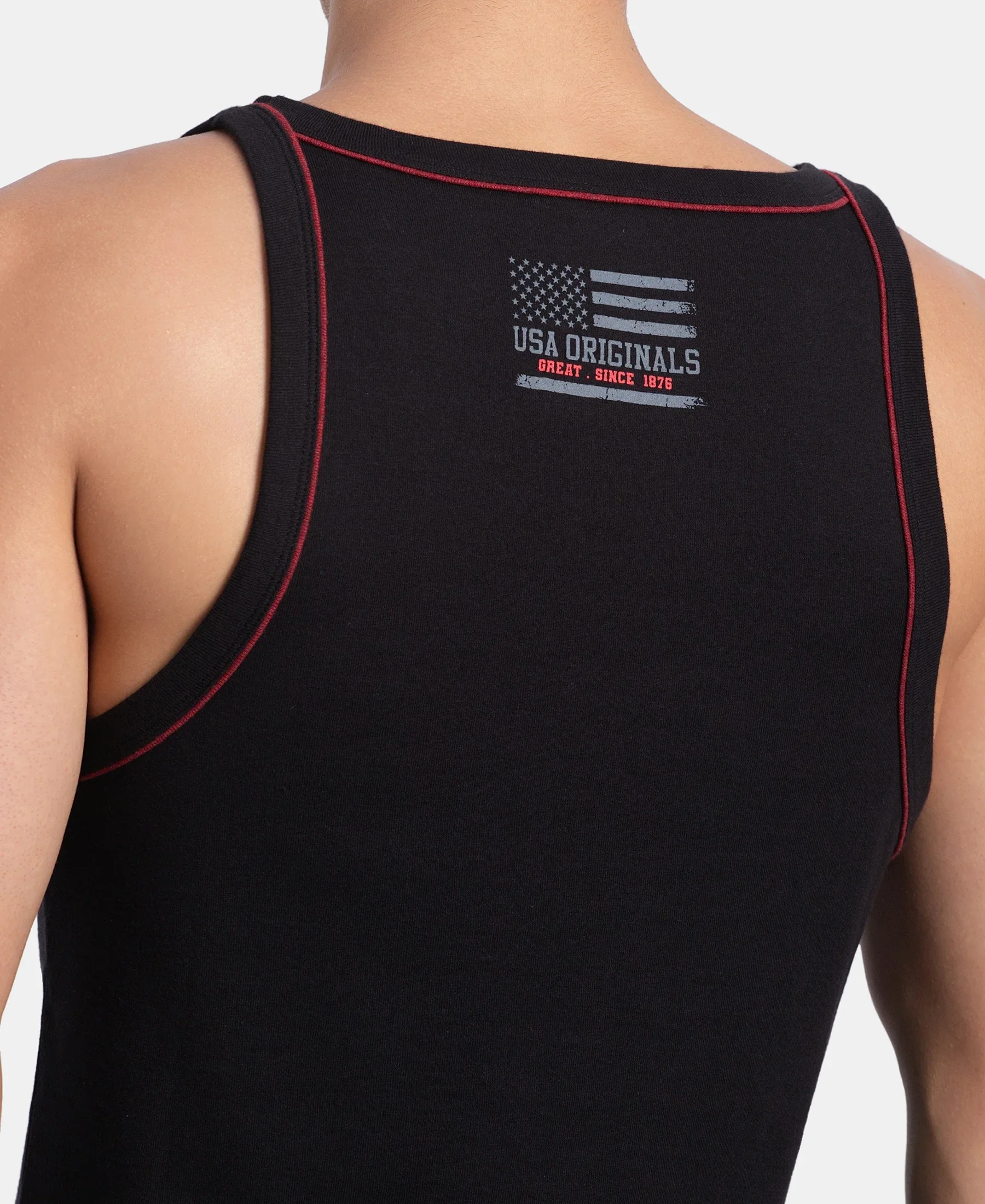 Super Combed Cotton Rib Square Neck Gym Vest with Graphic Print - Black & Grey Melange - Image 8