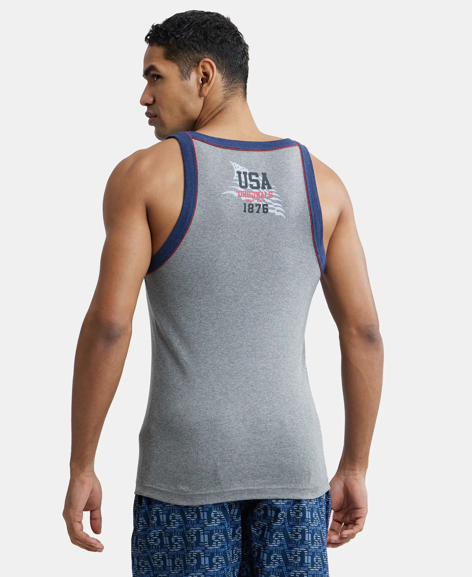 Super Combed Cotton Rib Square Neck Gym Vest with Graphic Print - Grey Melange & Ink Blue - Image 3