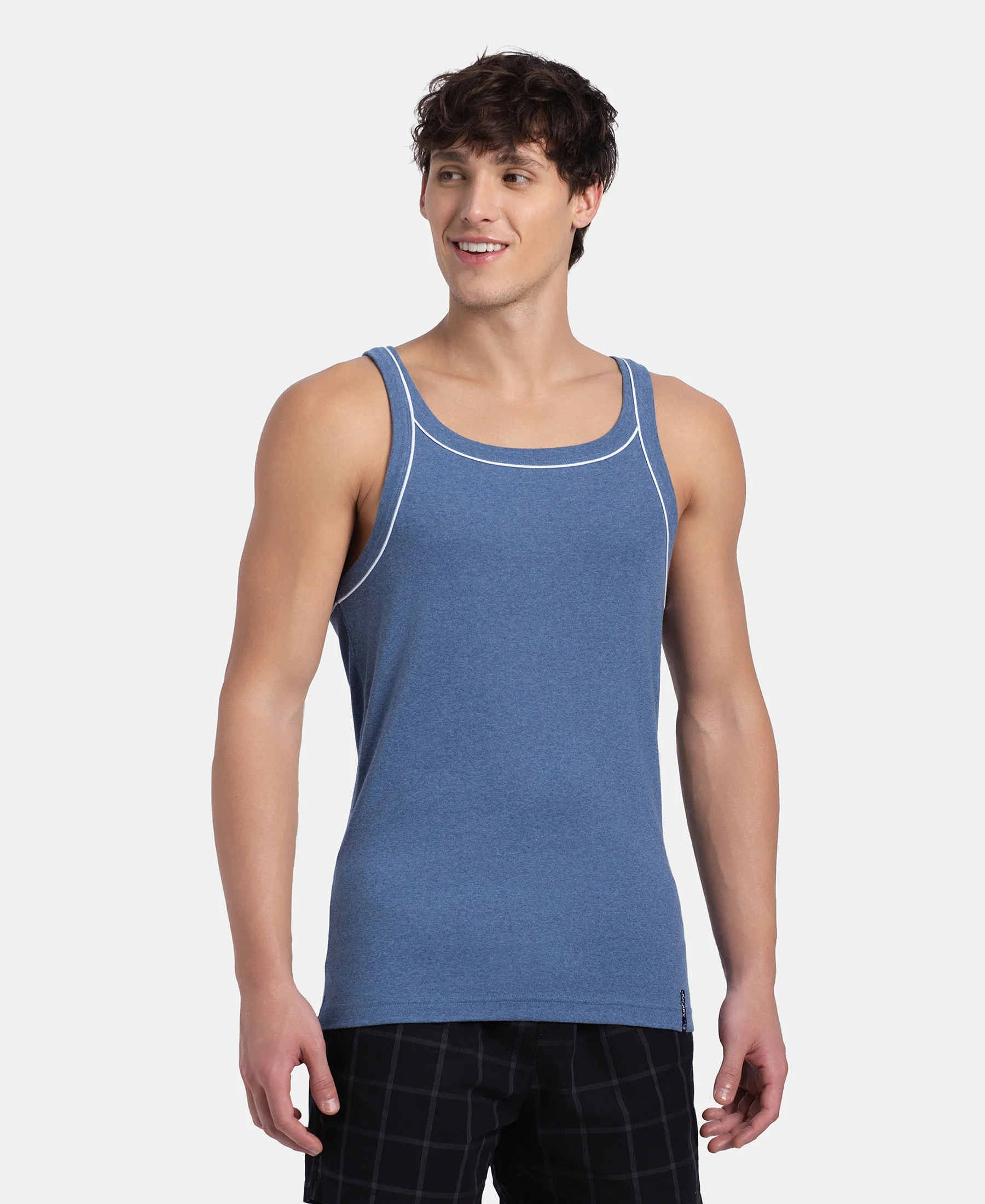 Super Combed Cotton Rib Square Neck Gym Vest with Graphic Print - Light Denim Melange - Image 2