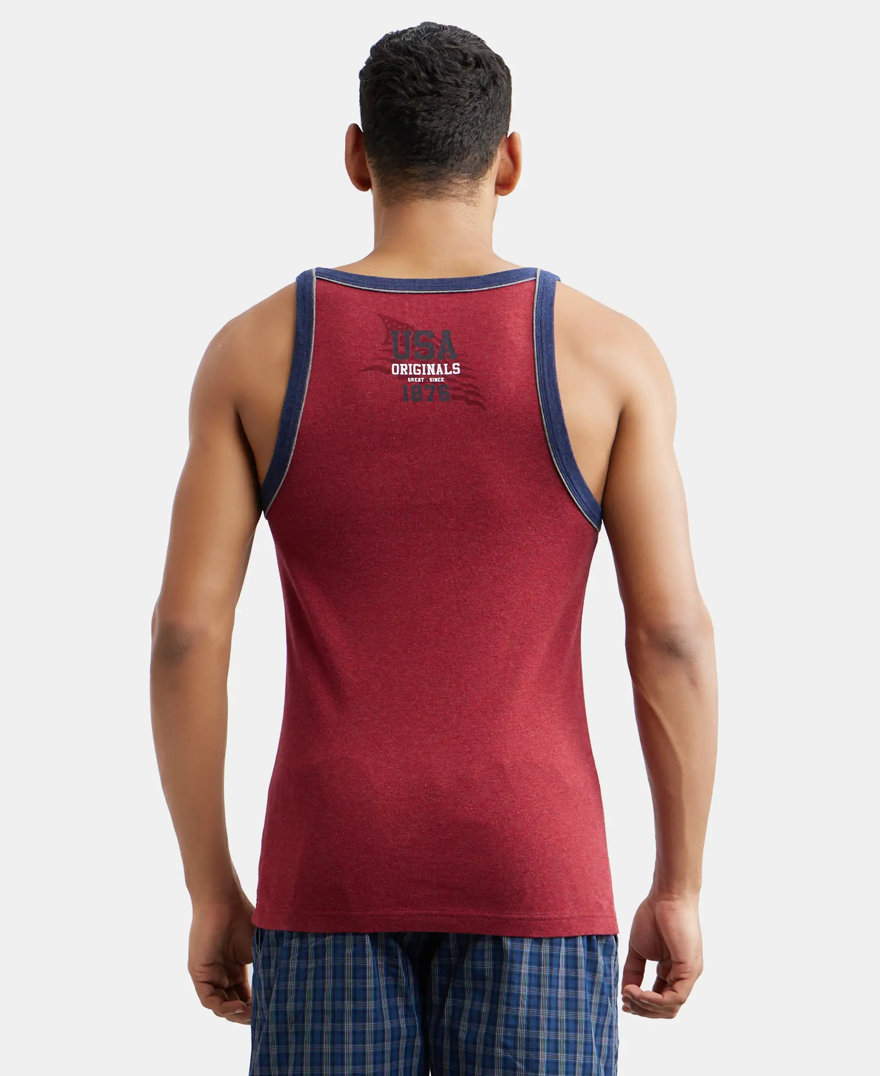 Super Combed Cotton Rib Square Neck Gym Vest with Graphic Print - Red Melange - Image 3