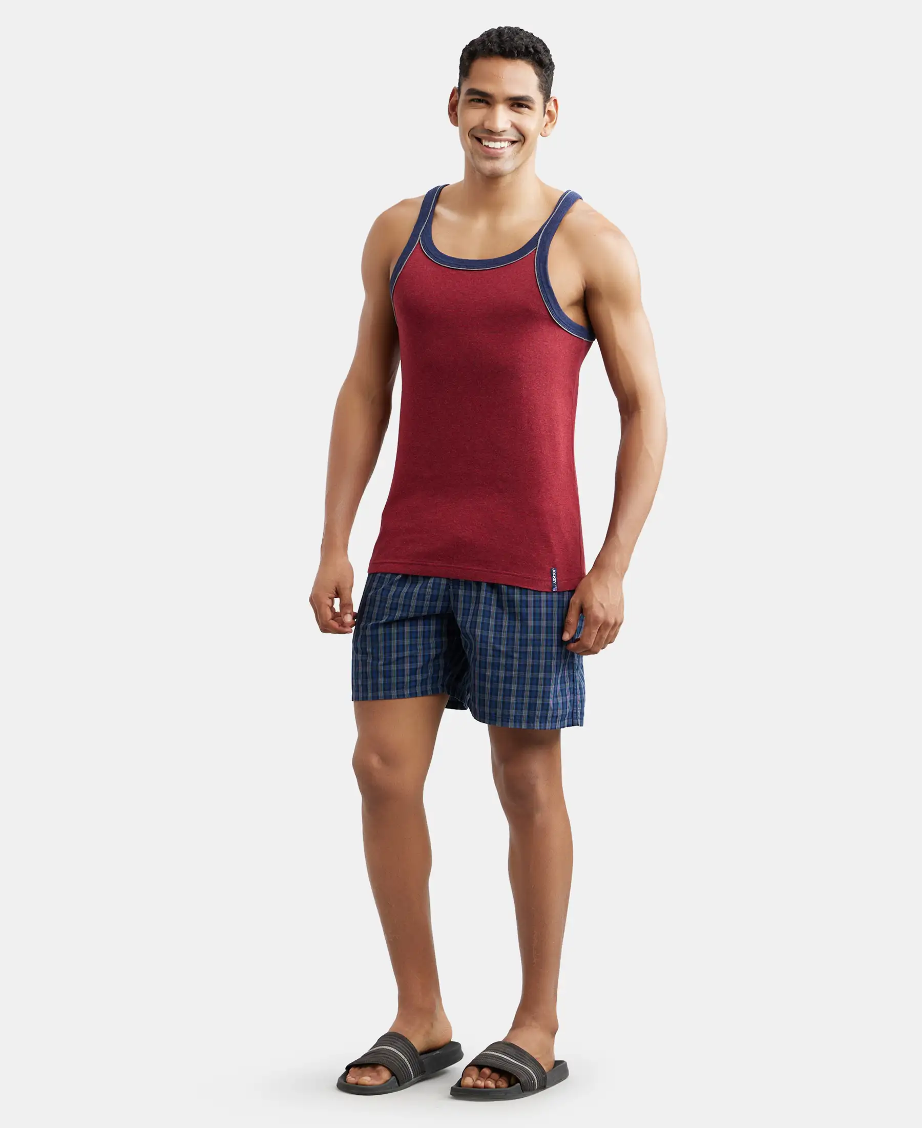 Super Combed Cotton Rib Square Neck Gym Vest with Graphic Print - Red Melange - Image 4