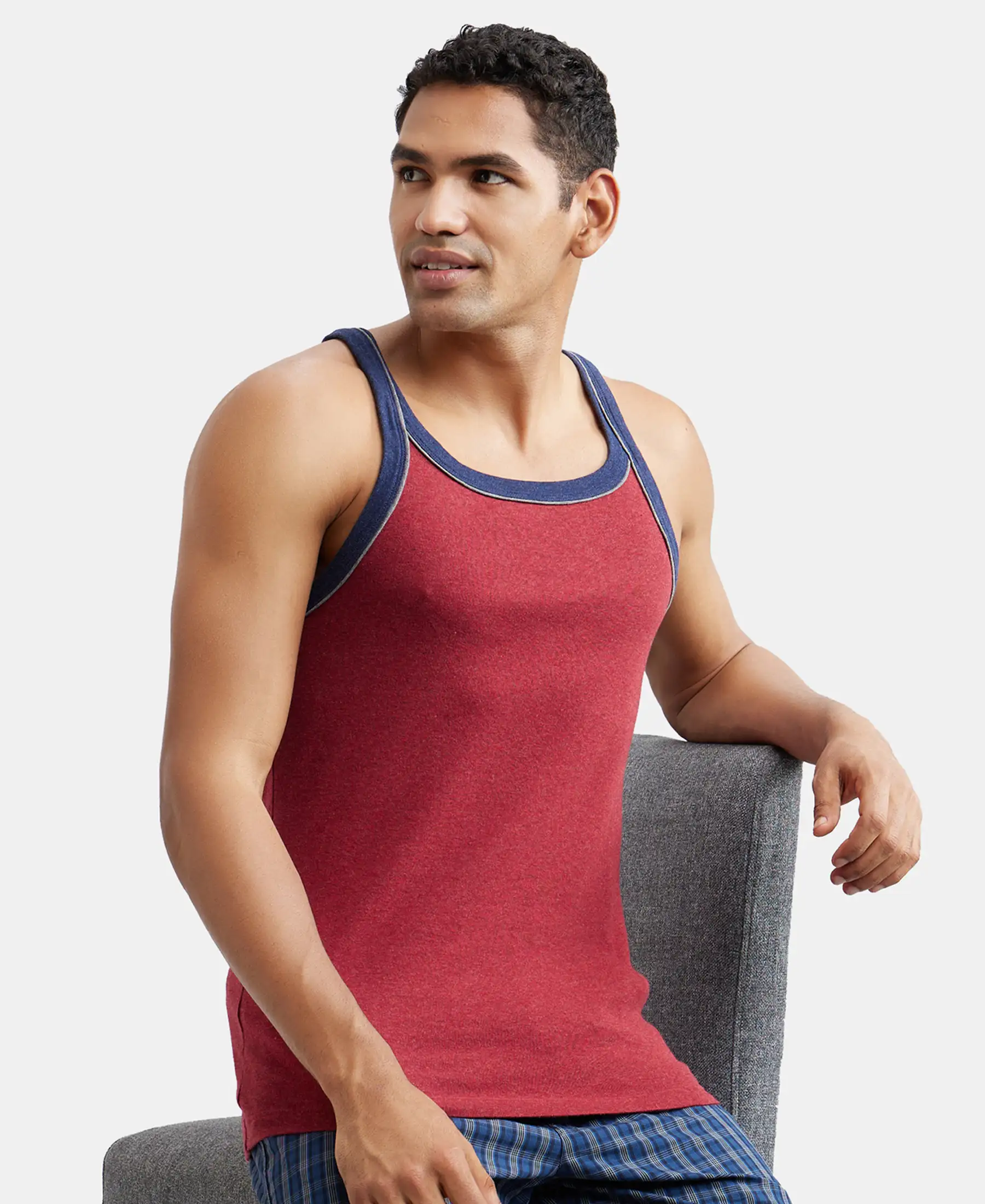 Super Combed Cotton Rib Square Neck Gym Vest with Graphic Print - Red Melange - Image 5