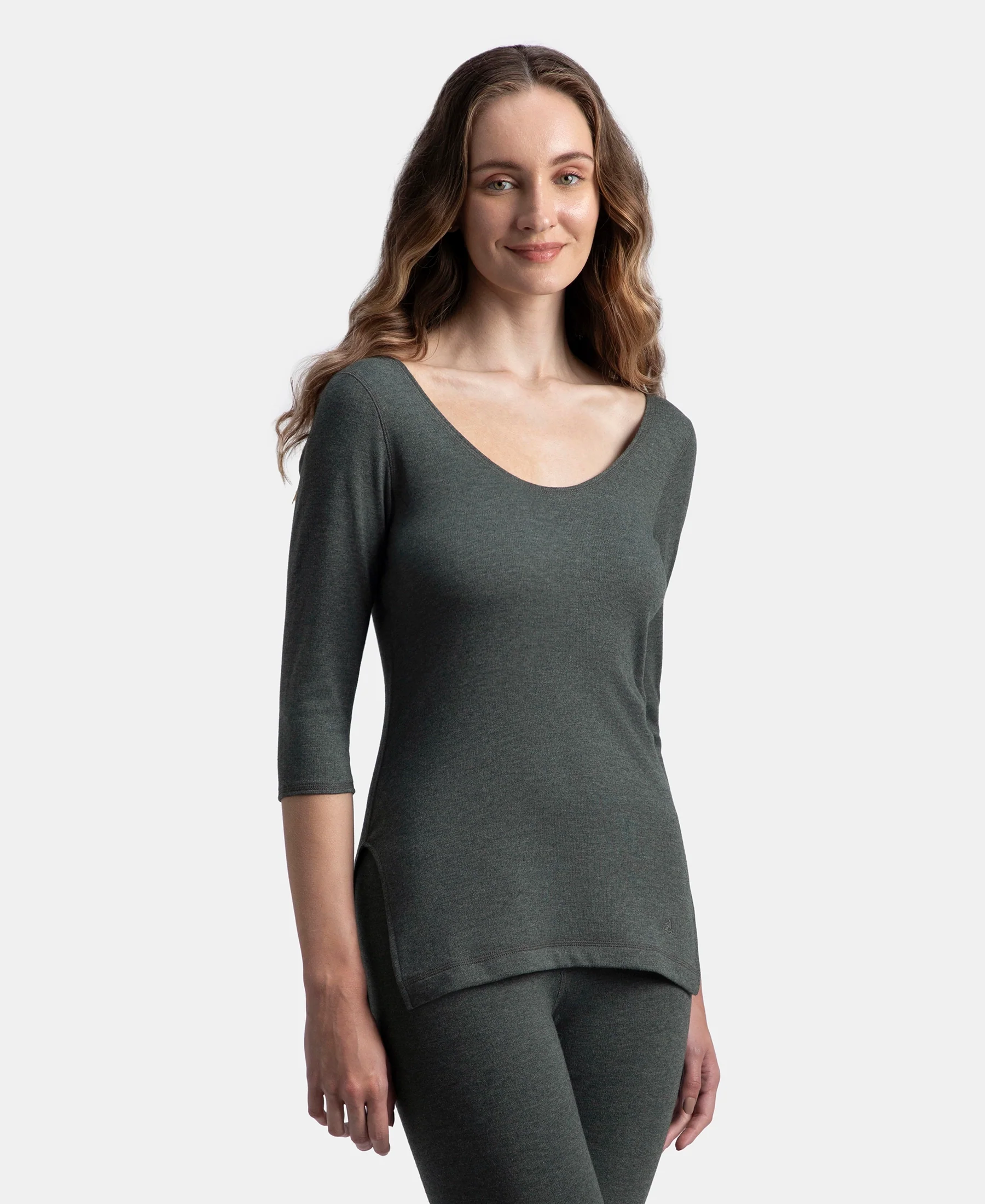 Super Warm Super Combed Cotton Rich Brushed Three Quarter Sleeve Thermal Top with StayWarm Technology - Charcoal Melange - Image 2
