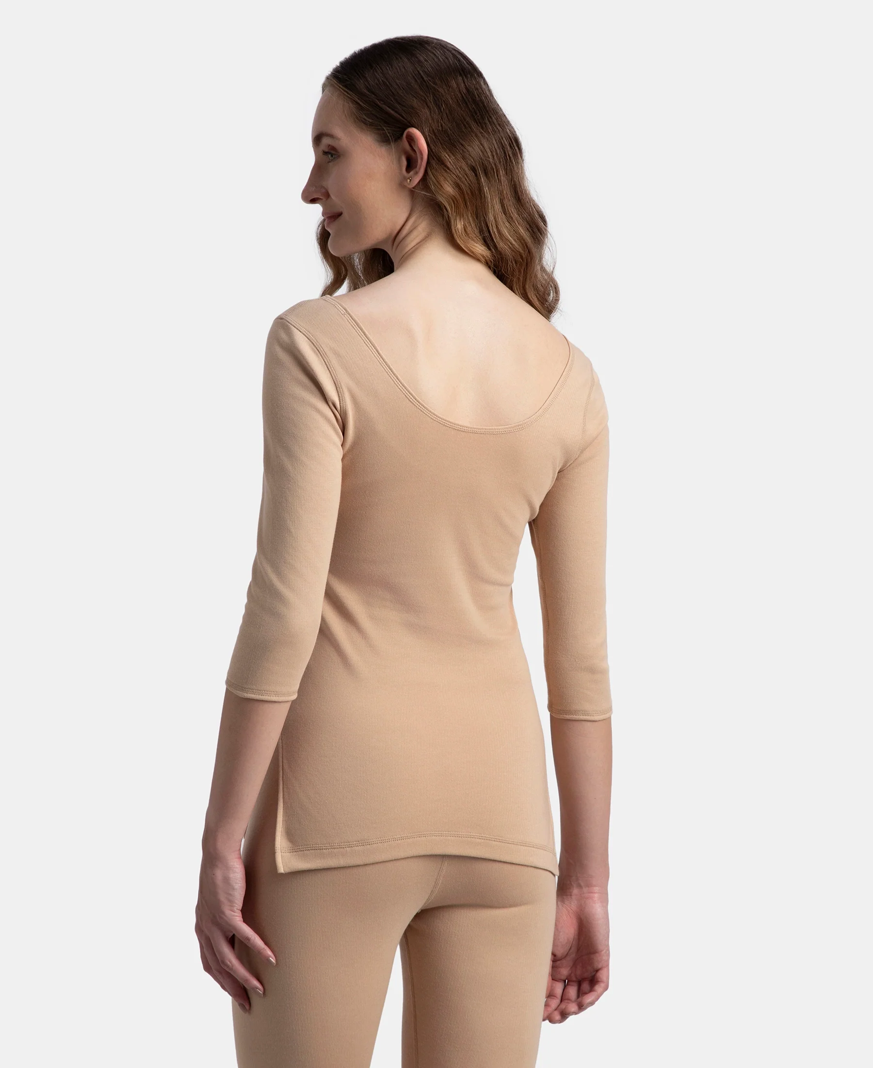 Super Warm Super Combed Cotton Rich Brushed Three Quarter Sleeve Thermal Top with StayWarm Technology - Skin - Image 3